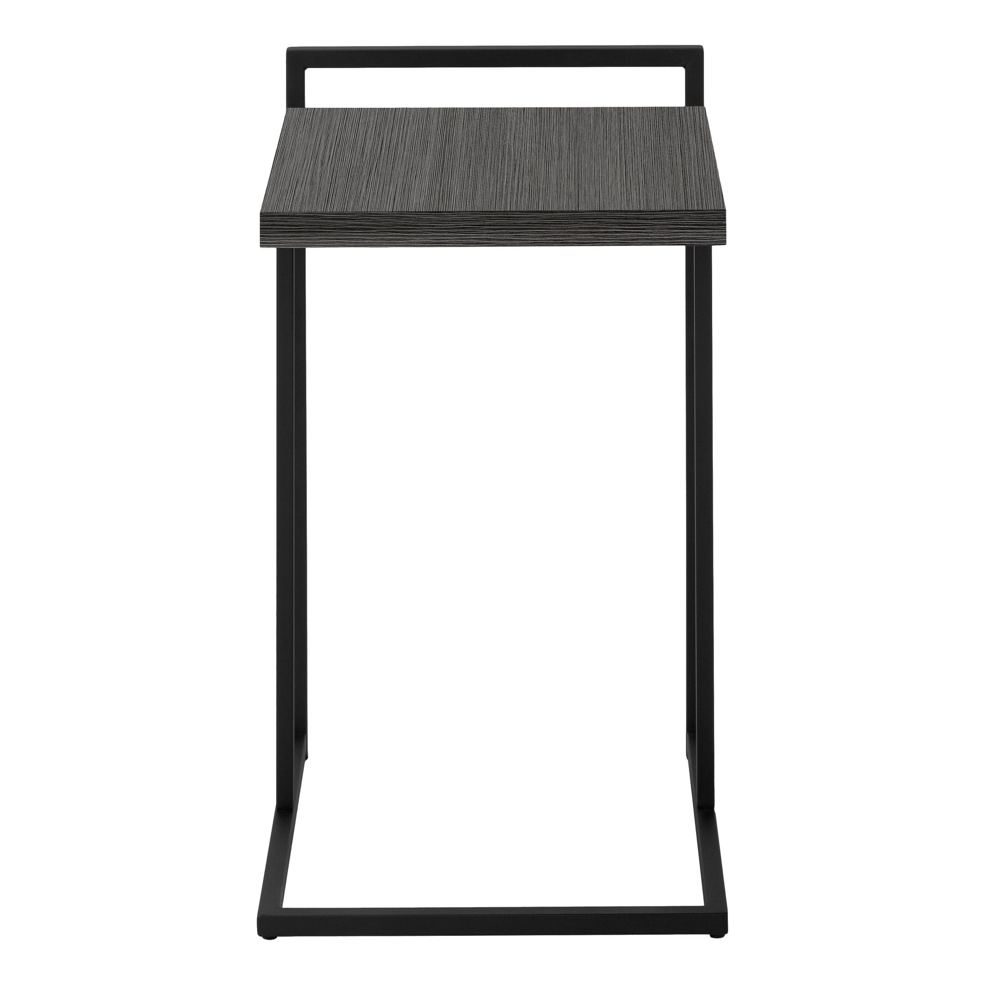 Modern C table with grey wood grain top and black metal frame perfect for small spaces