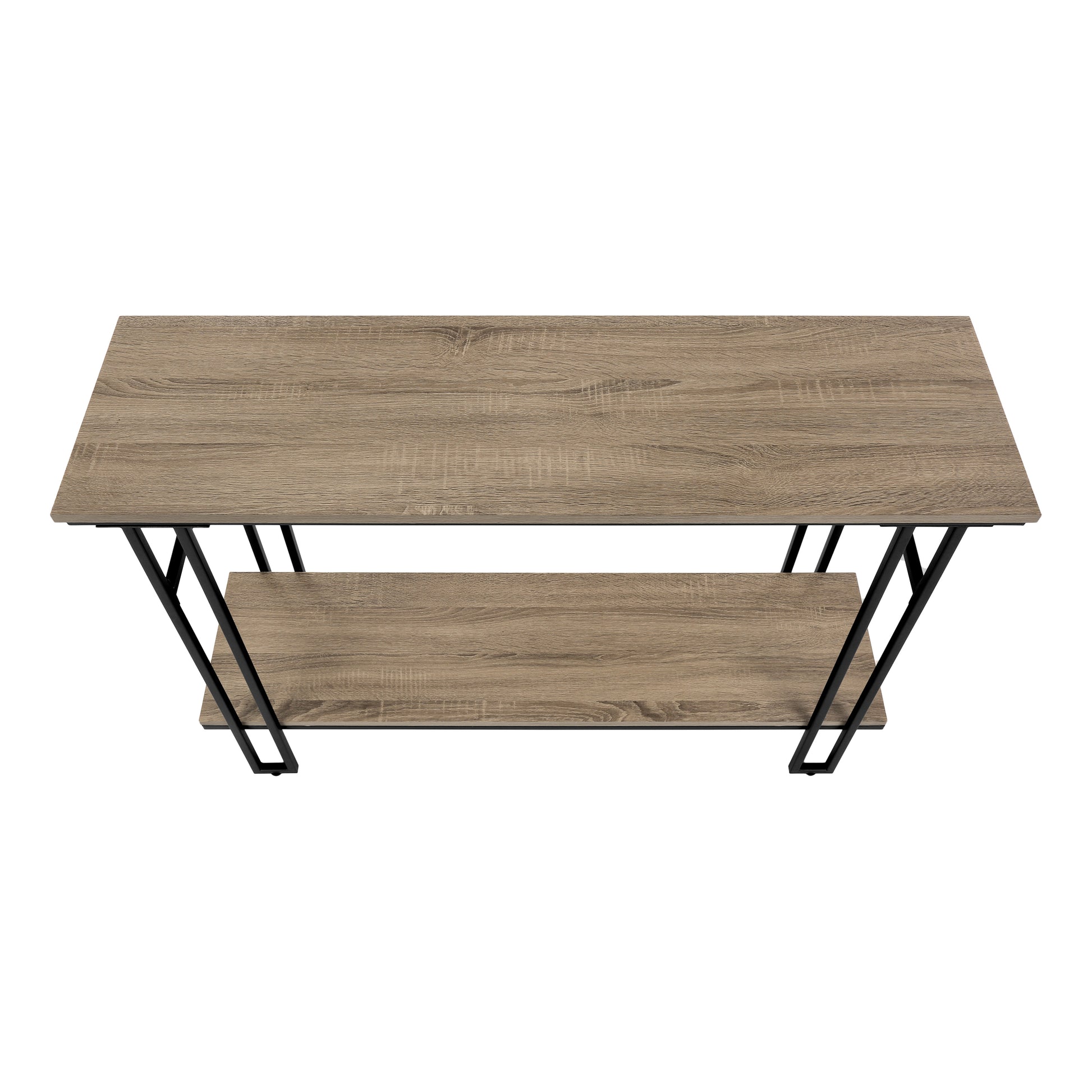 Modern twotier coffee table with wood grain top and black metal frame