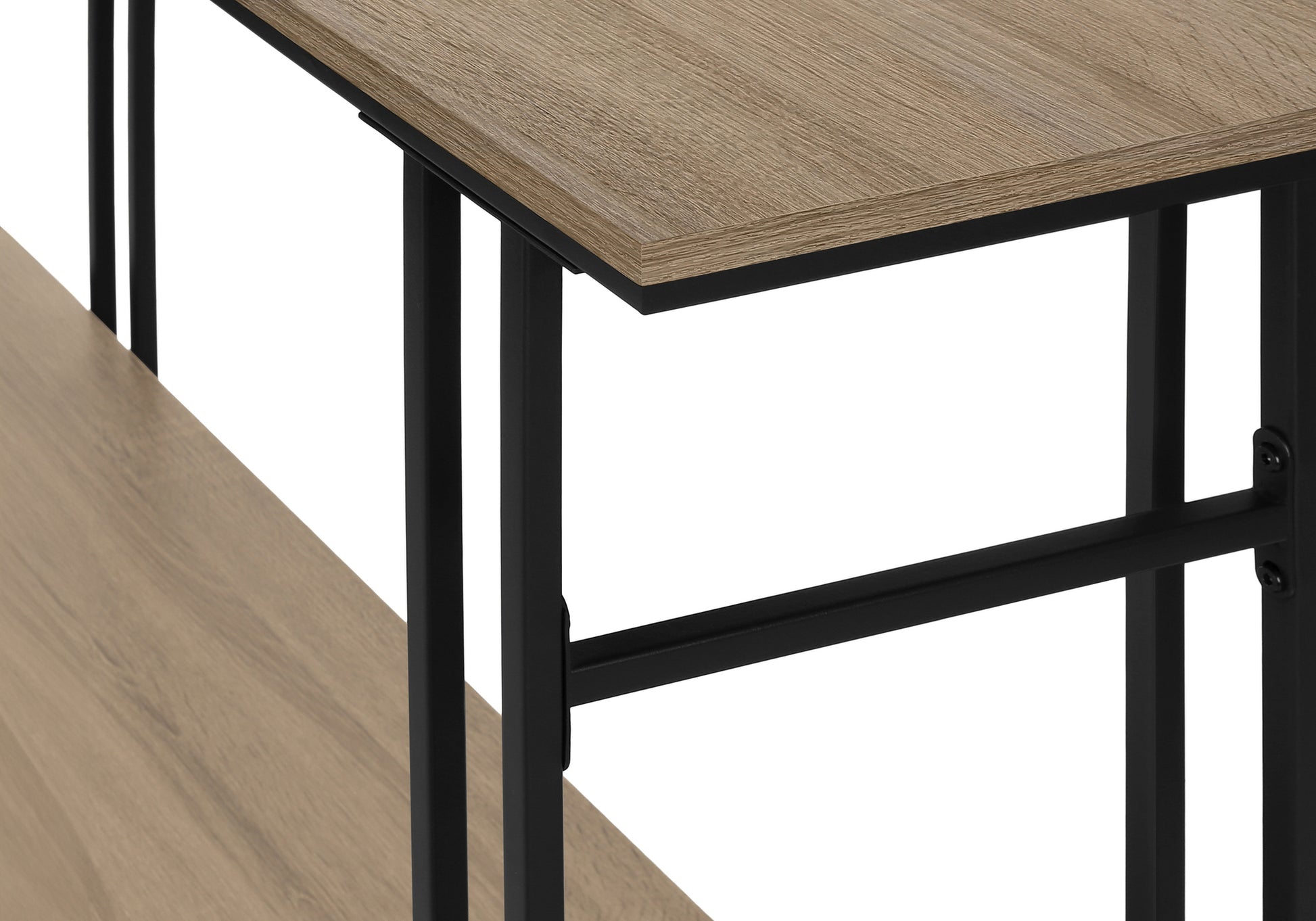 Modern oak effect desk with black metal frame and shelving