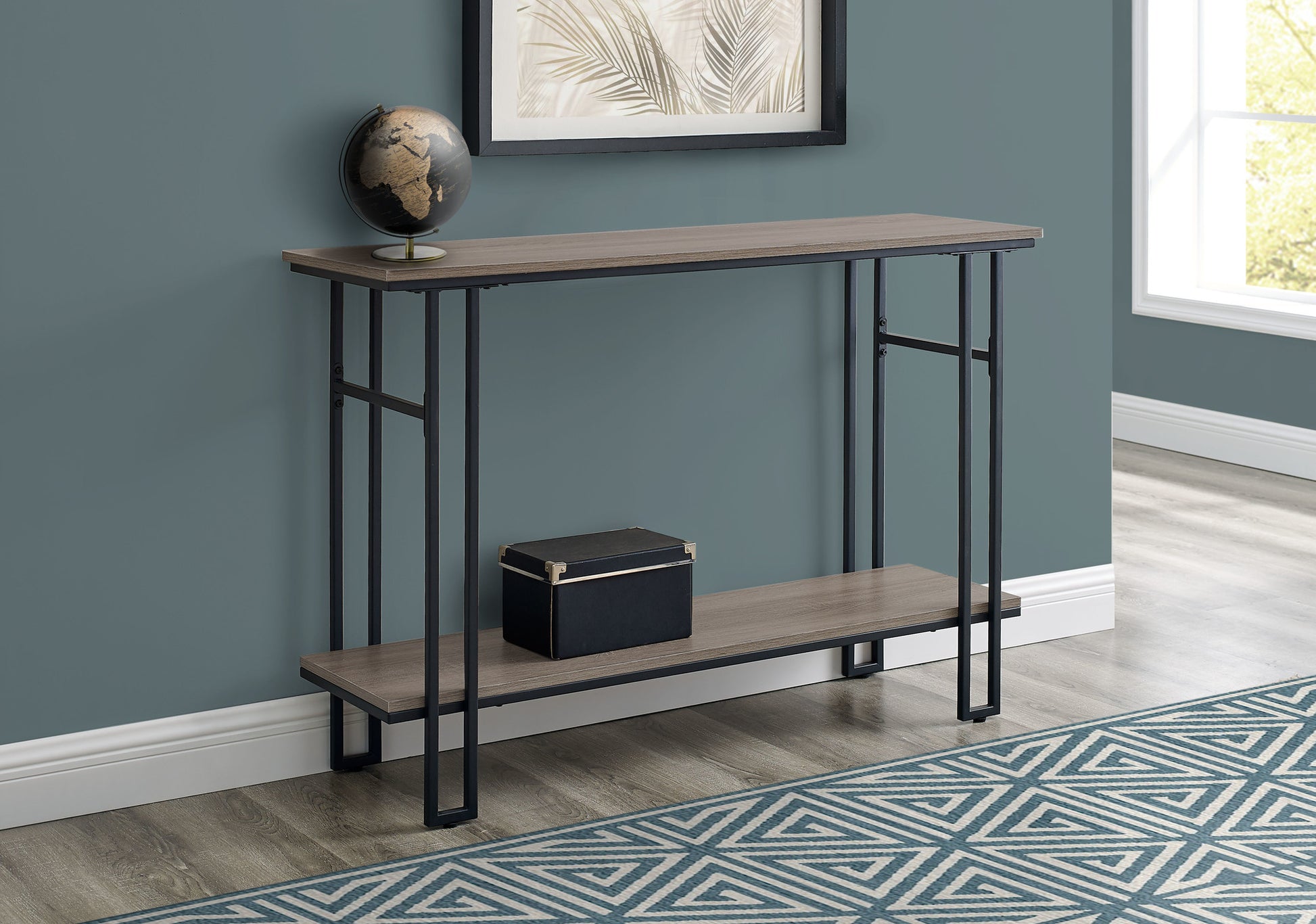 Rustic oak console table with black metal frame and two shelves