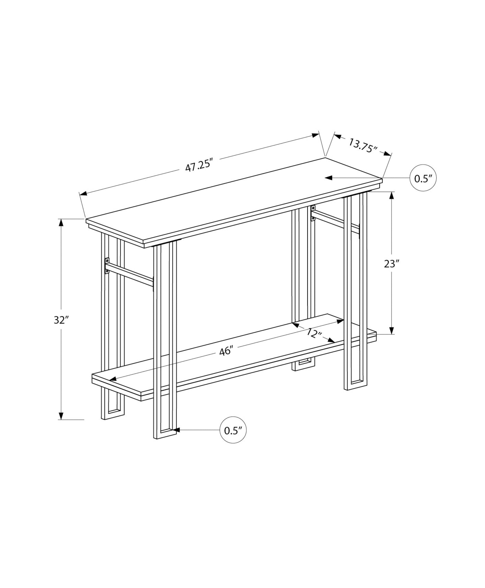This line drawing shows a modern console table with dimensions  L x  W x  H