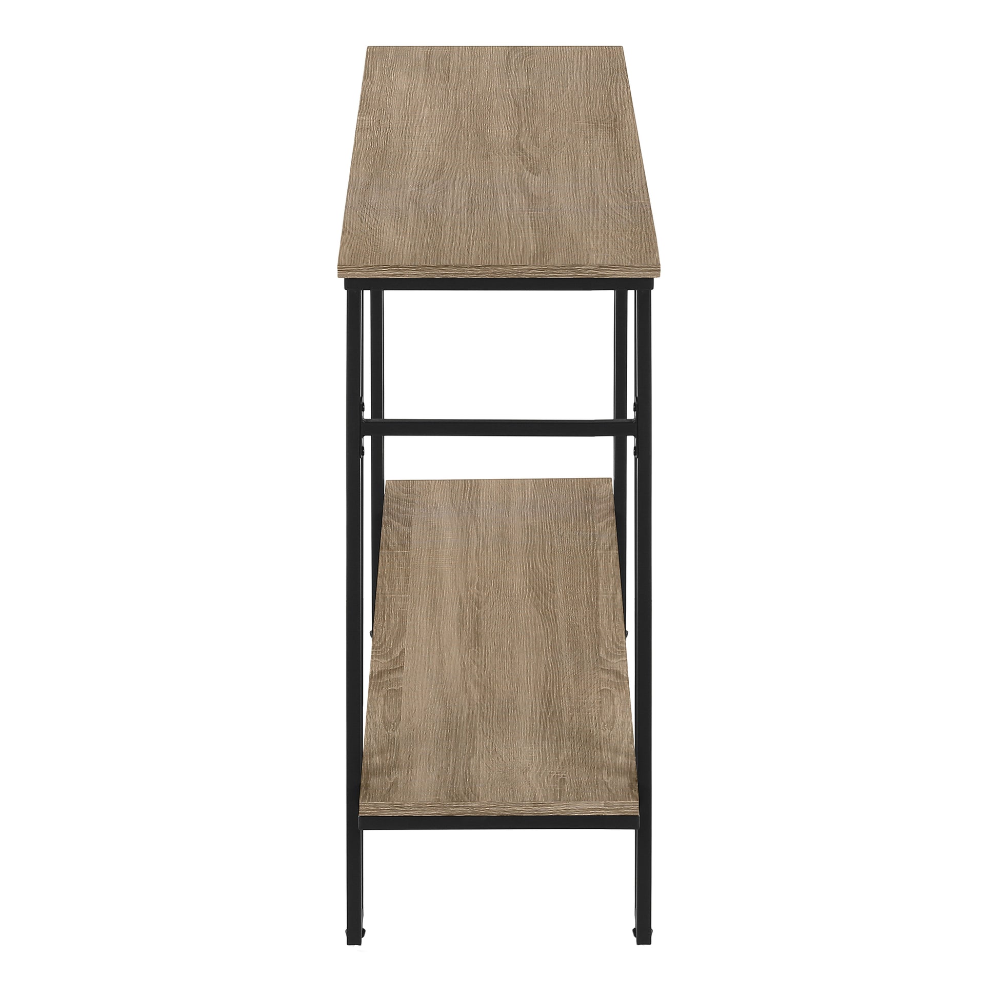 Rustic wood accent table with two shelves and black metal frame