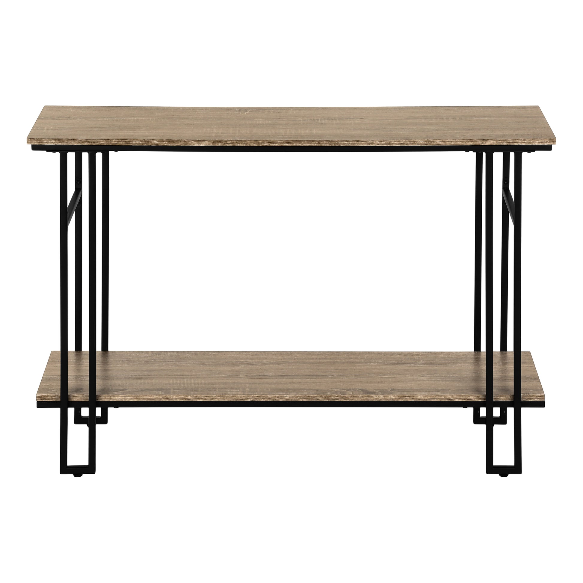 Modern twotier console table with rustic oak finish and black metal frame