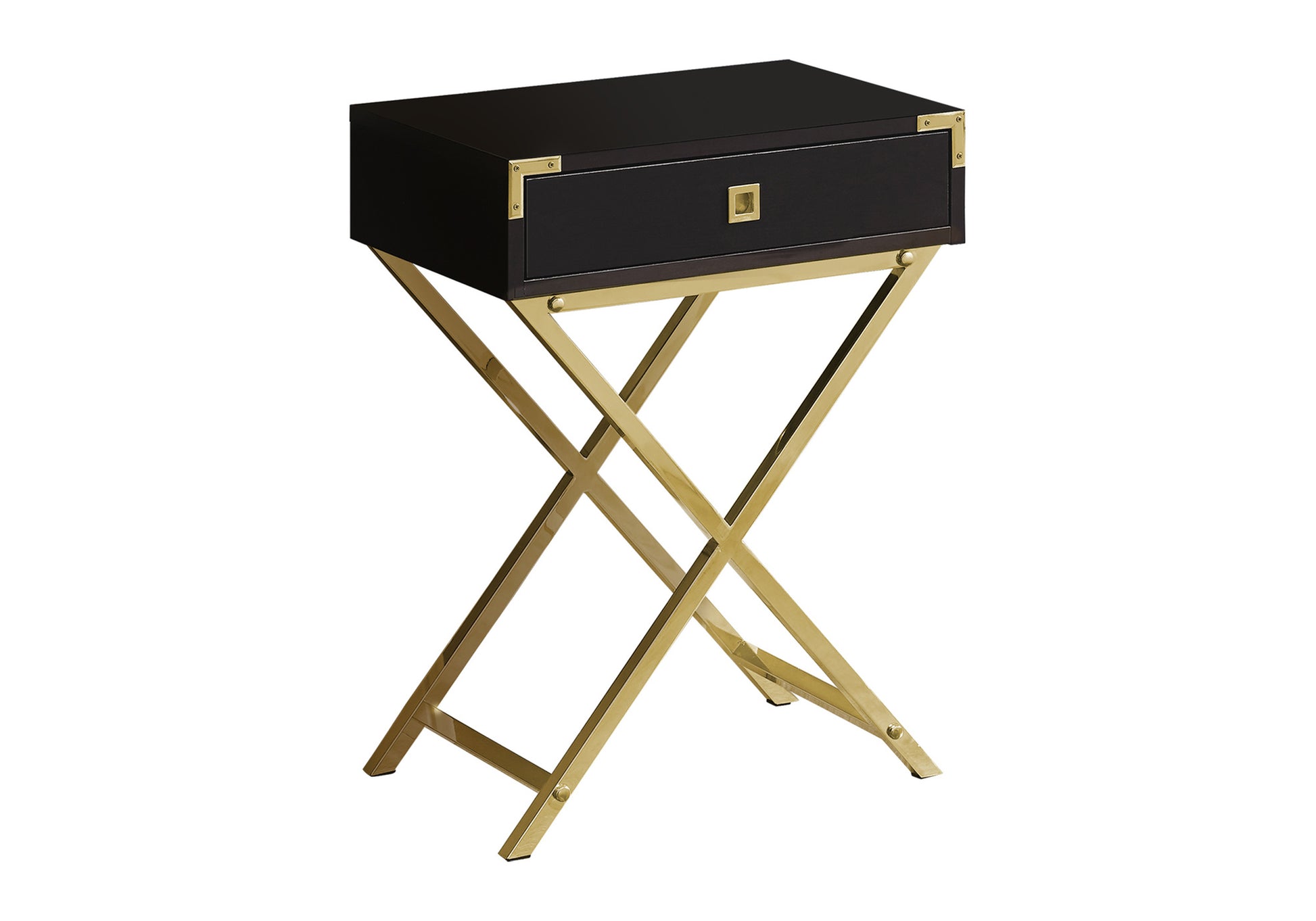 Black bedside table with gold accents and Xshaped base
