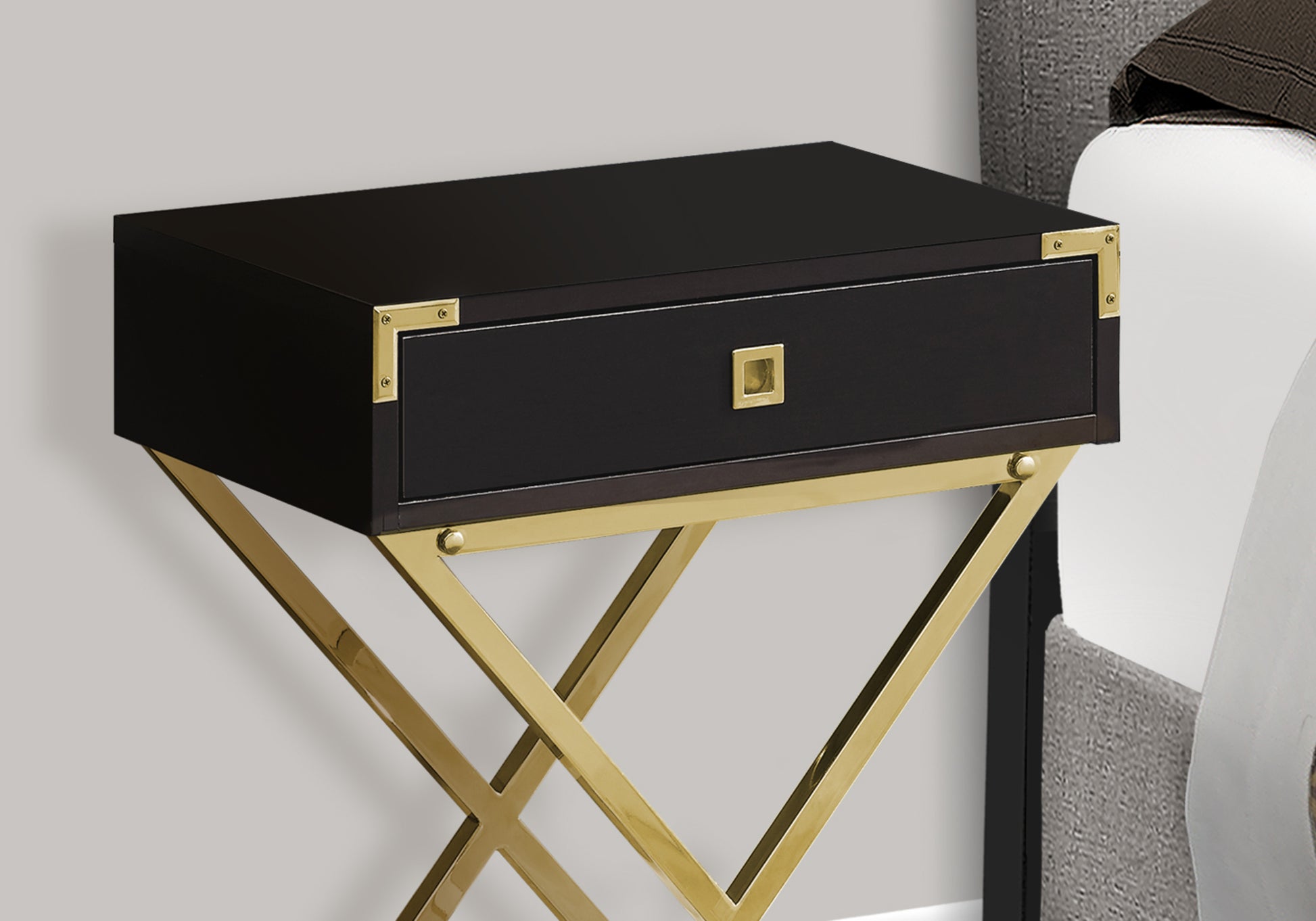 Black and gold accent nightstand with drawer and Xframe legs