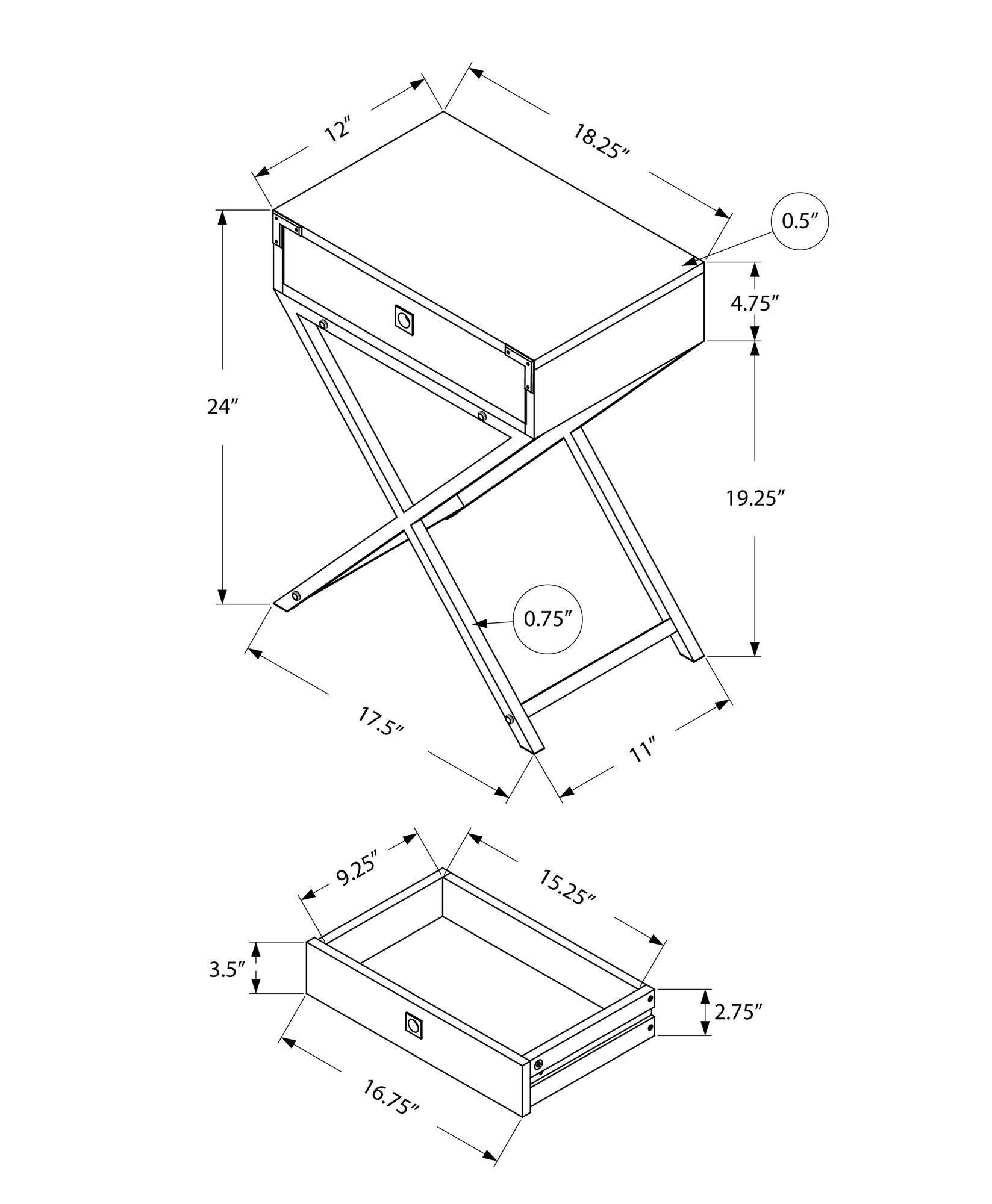 Technical drawing of a narrow end table with dimensions for height width and depth