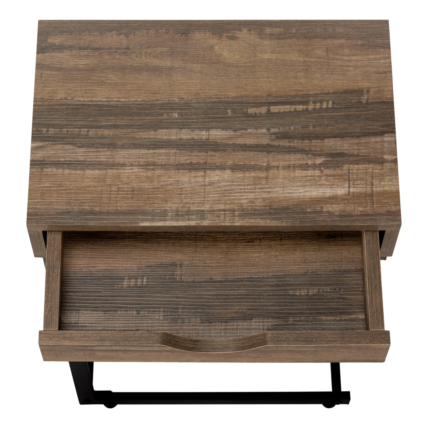Top view of a rustic wood grain nightstand with an open drawer