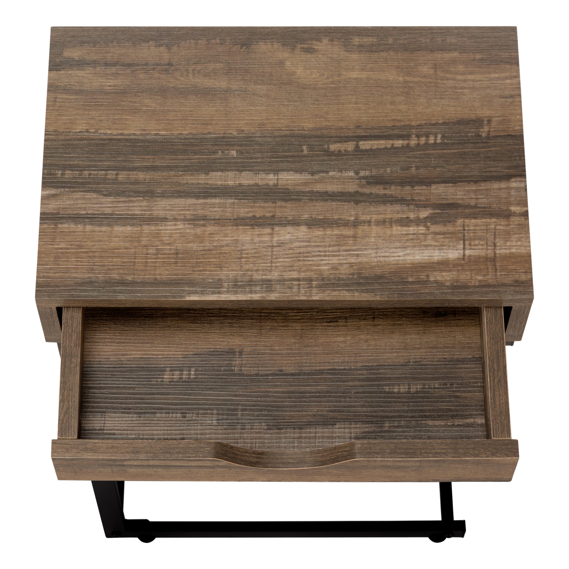 Top view of a rustic wood grain nightstand with an open drawer