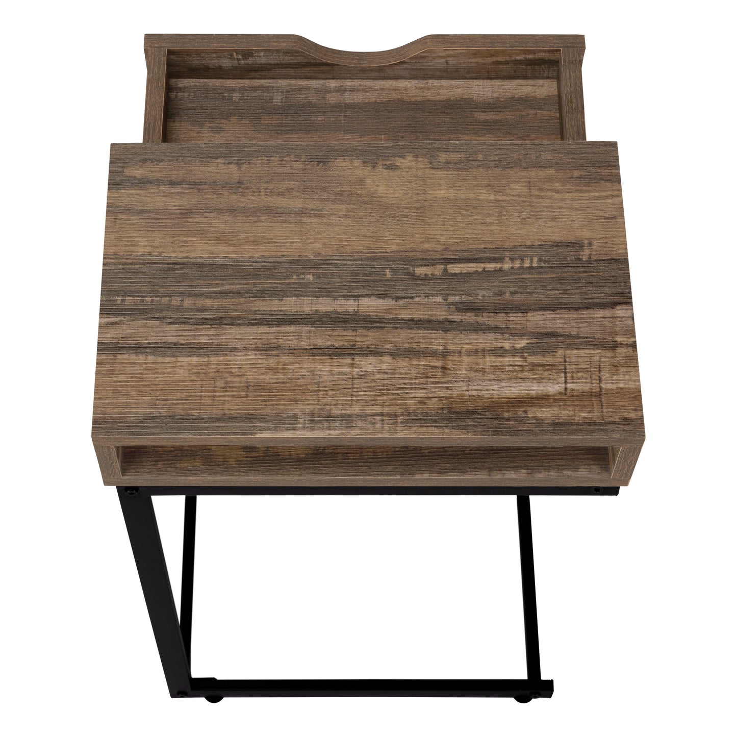 Rustic brown wood veneer side table with black metal legs and open shelf