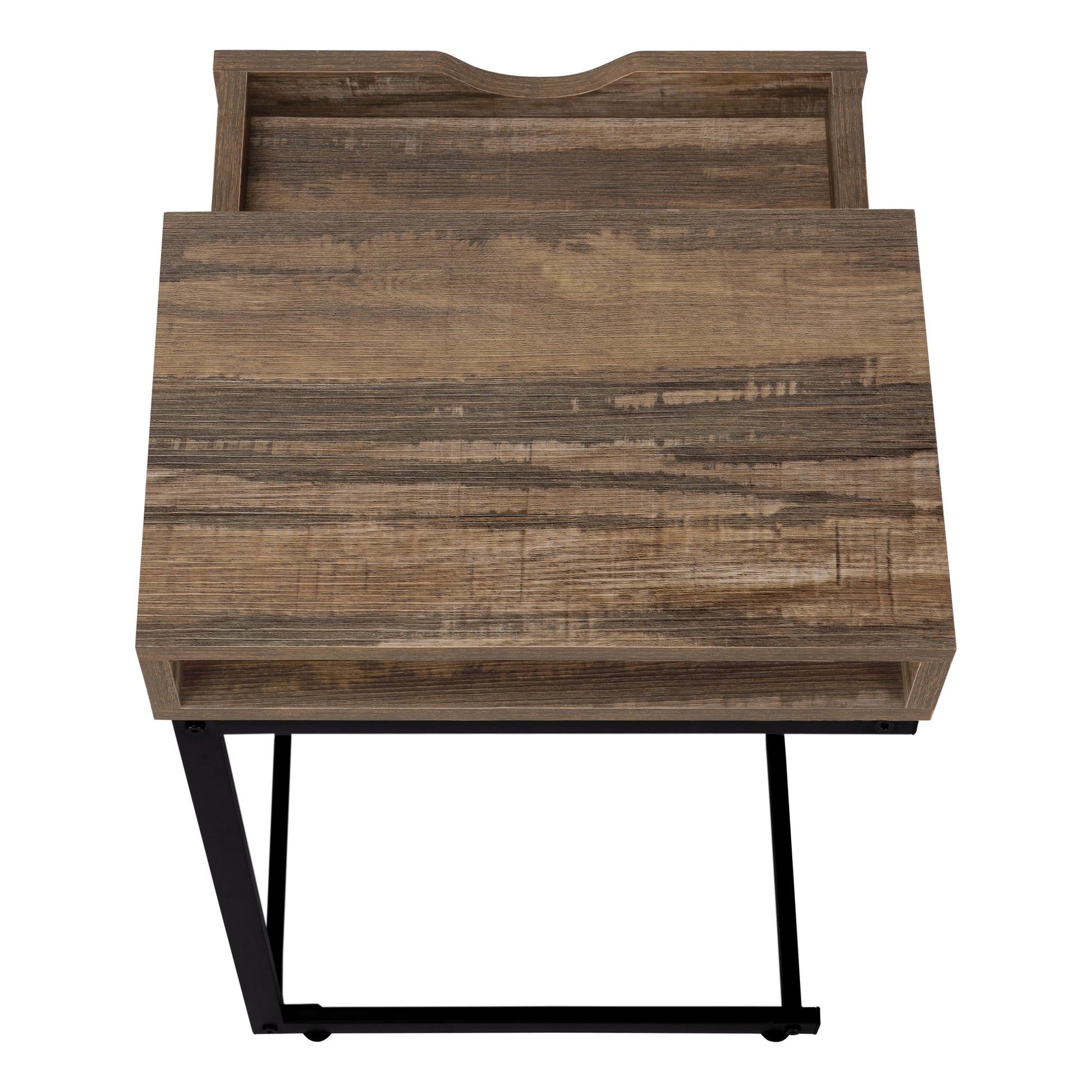 Rustic brown wood veneer side table with black metal legs and open shelf
