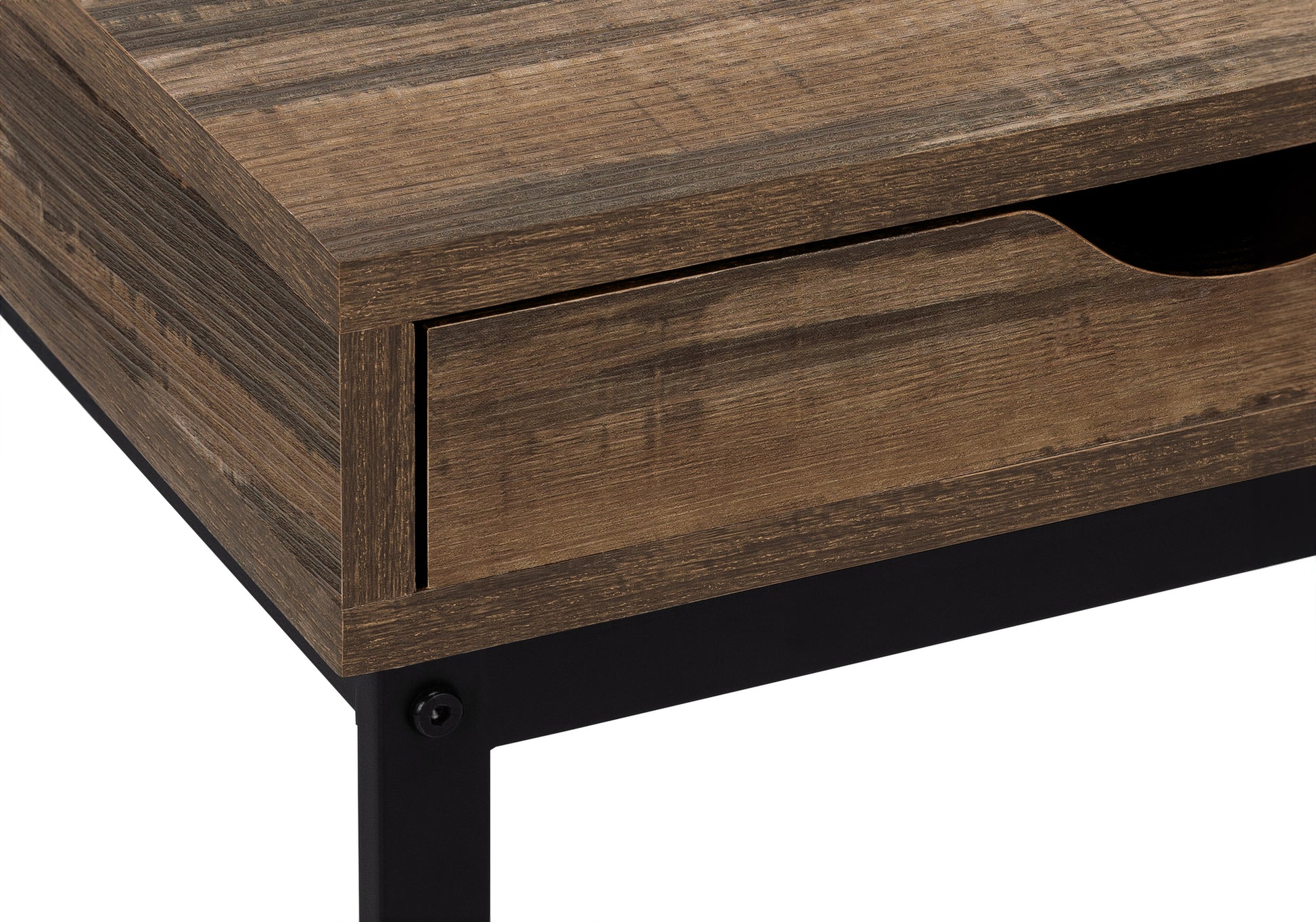 Rustic brown wood grain desk with a single drawer and black metal legs
