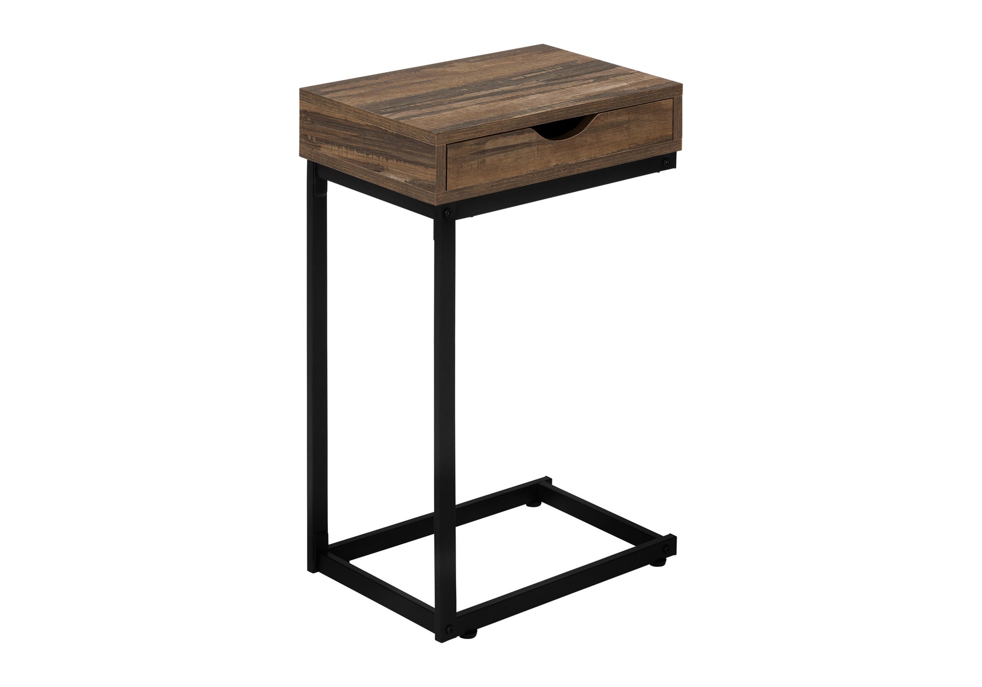 Rustic brown wooden Ctable with black metal frame and single drawer ideal for living rooms