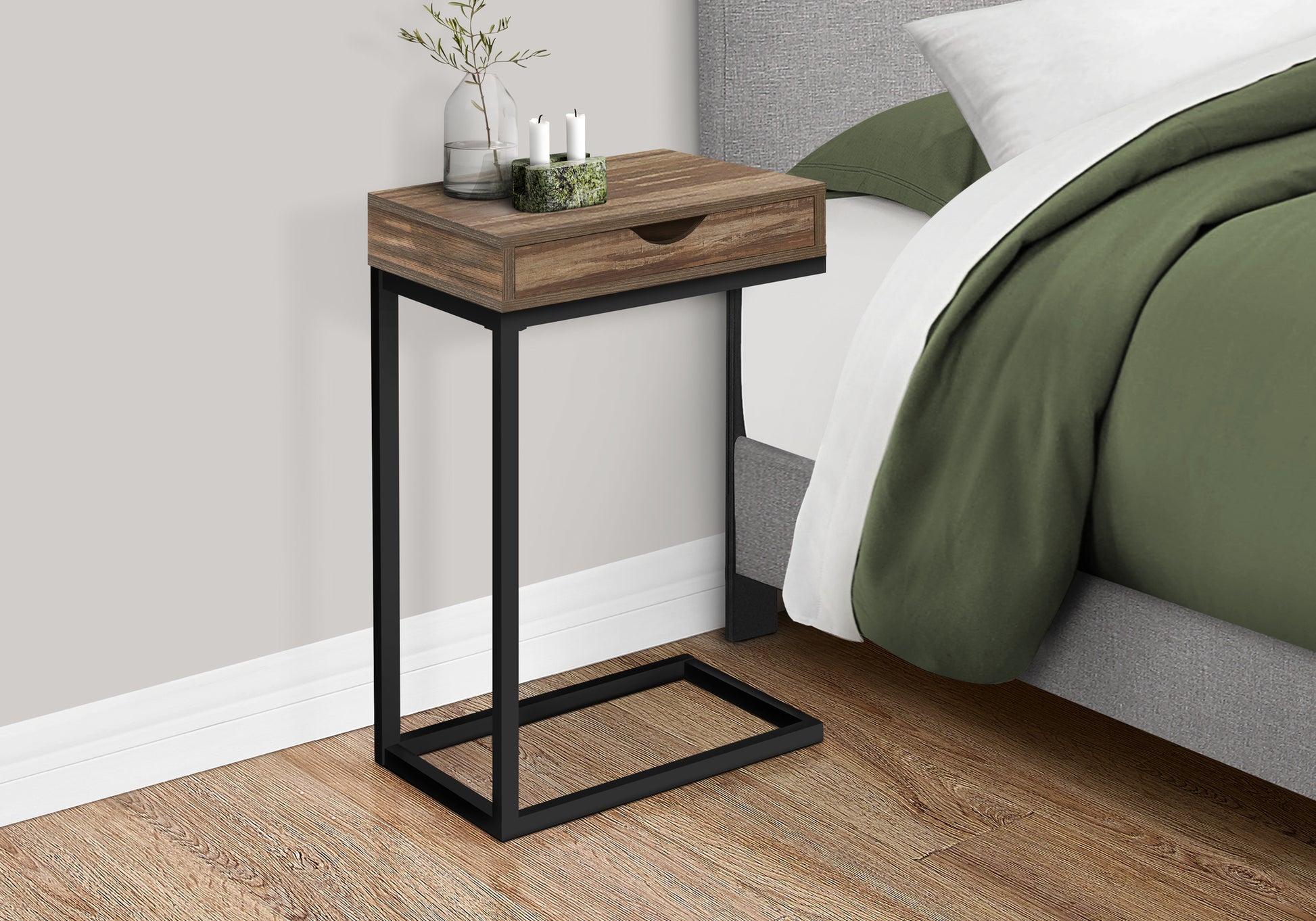 Compact Cshaped side table with a rustic wood finish and black metal frame ideal for small spaces