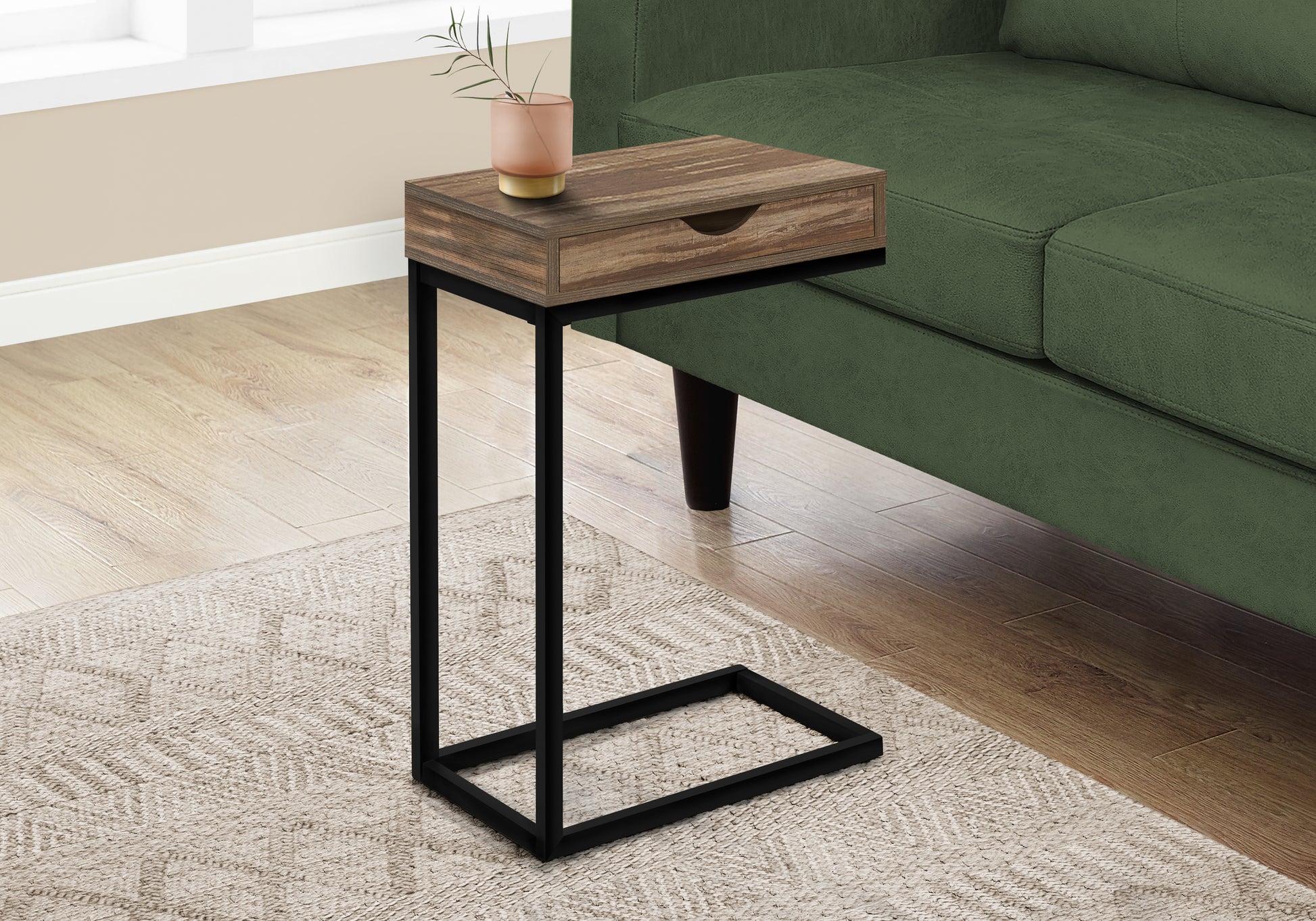 Rustic wood ctable with black metal frame and convenient drawer for side table use