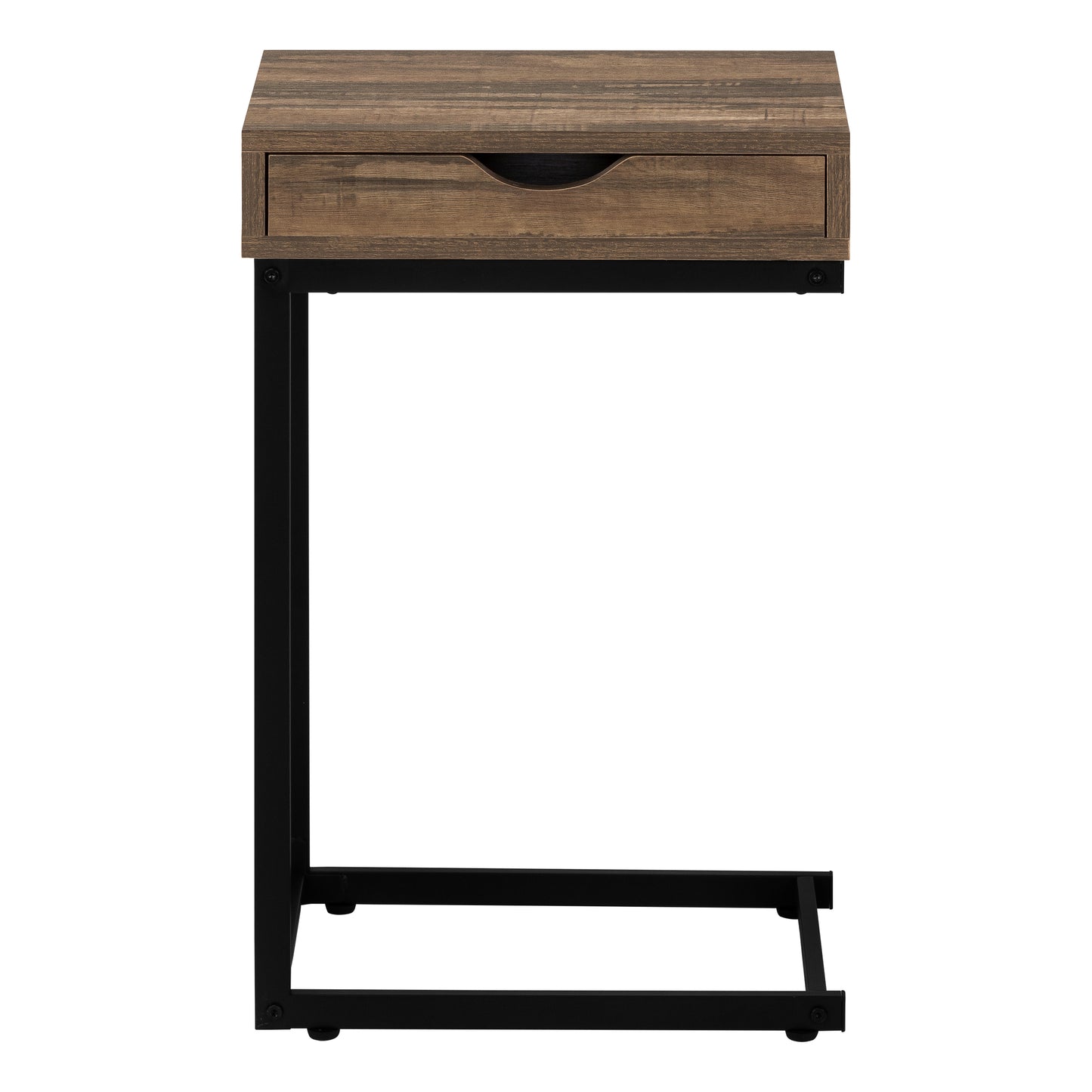 Rustic brown wood Ctable with black metal frame and drawer