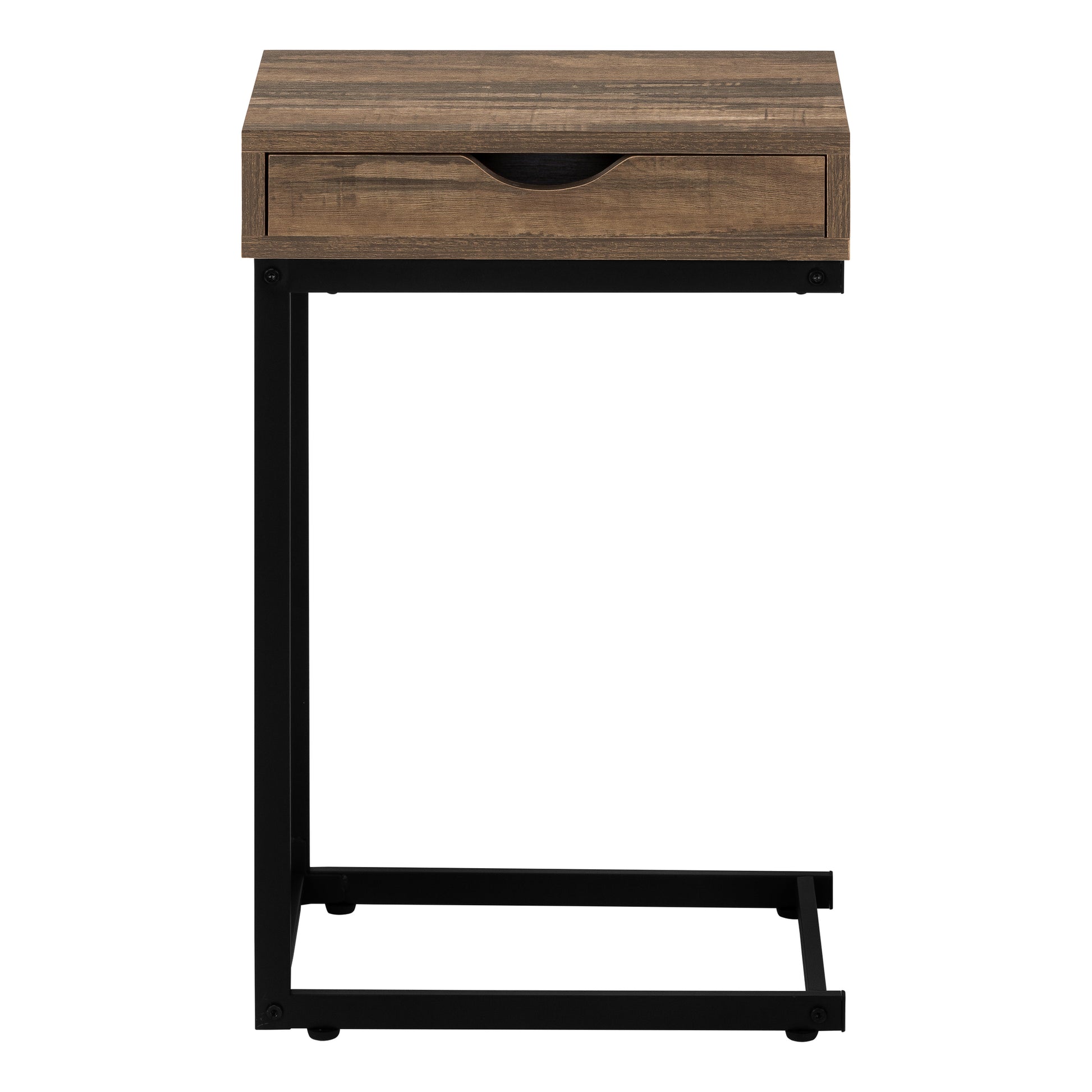 Rustic brown wood Ctable with black metal frame and drawer