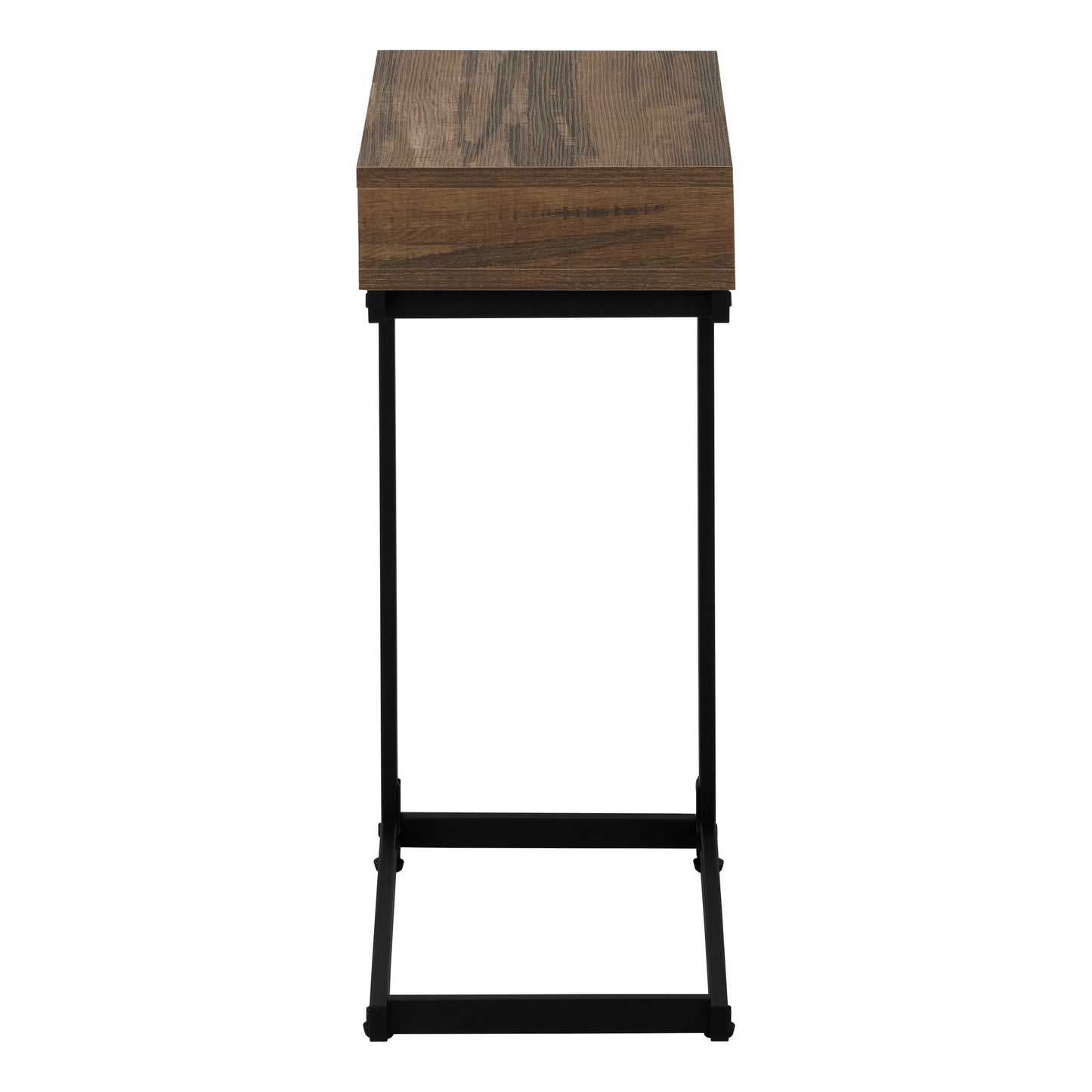 Modern side table with dark wood grain top and black metal frame