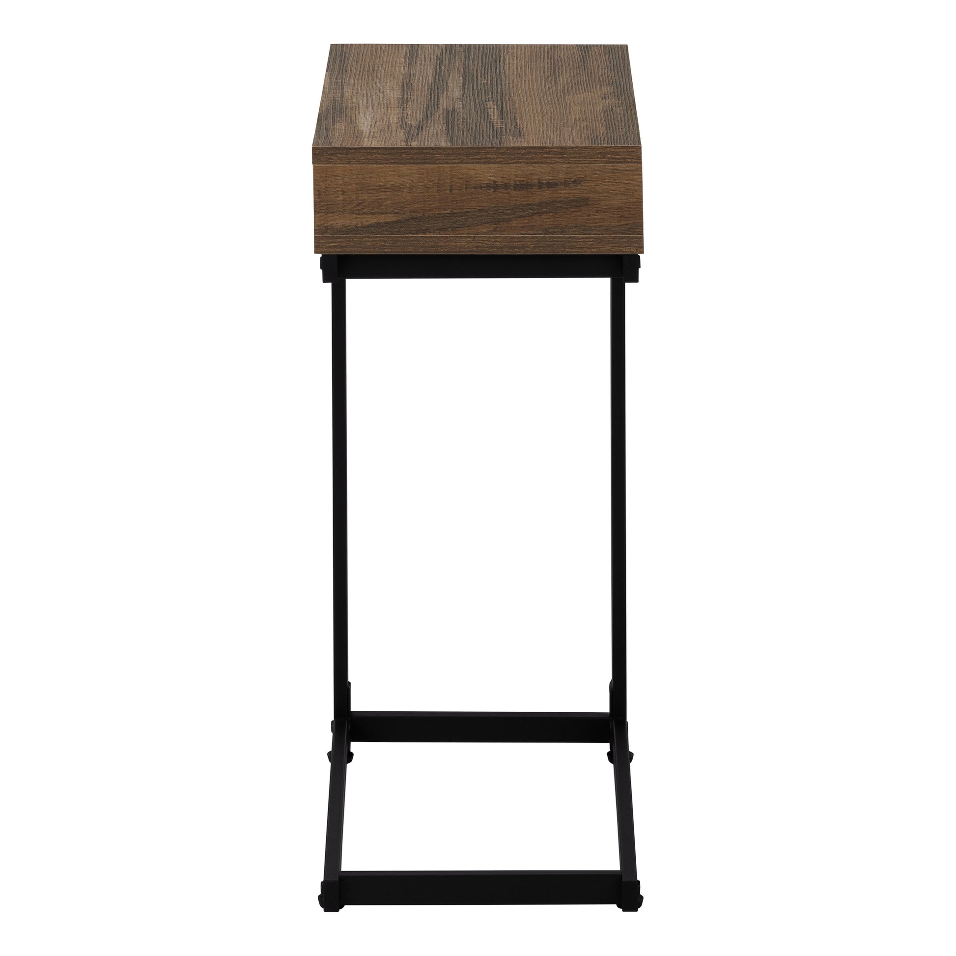 Modern side table with dark wood grain top and black metal frame