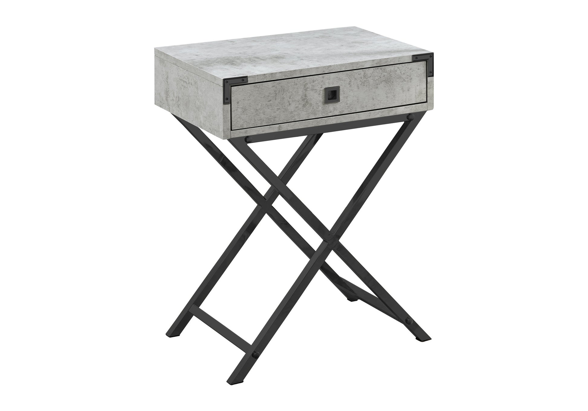 Grey concrete effect bedside table with black metal Xframe legs
