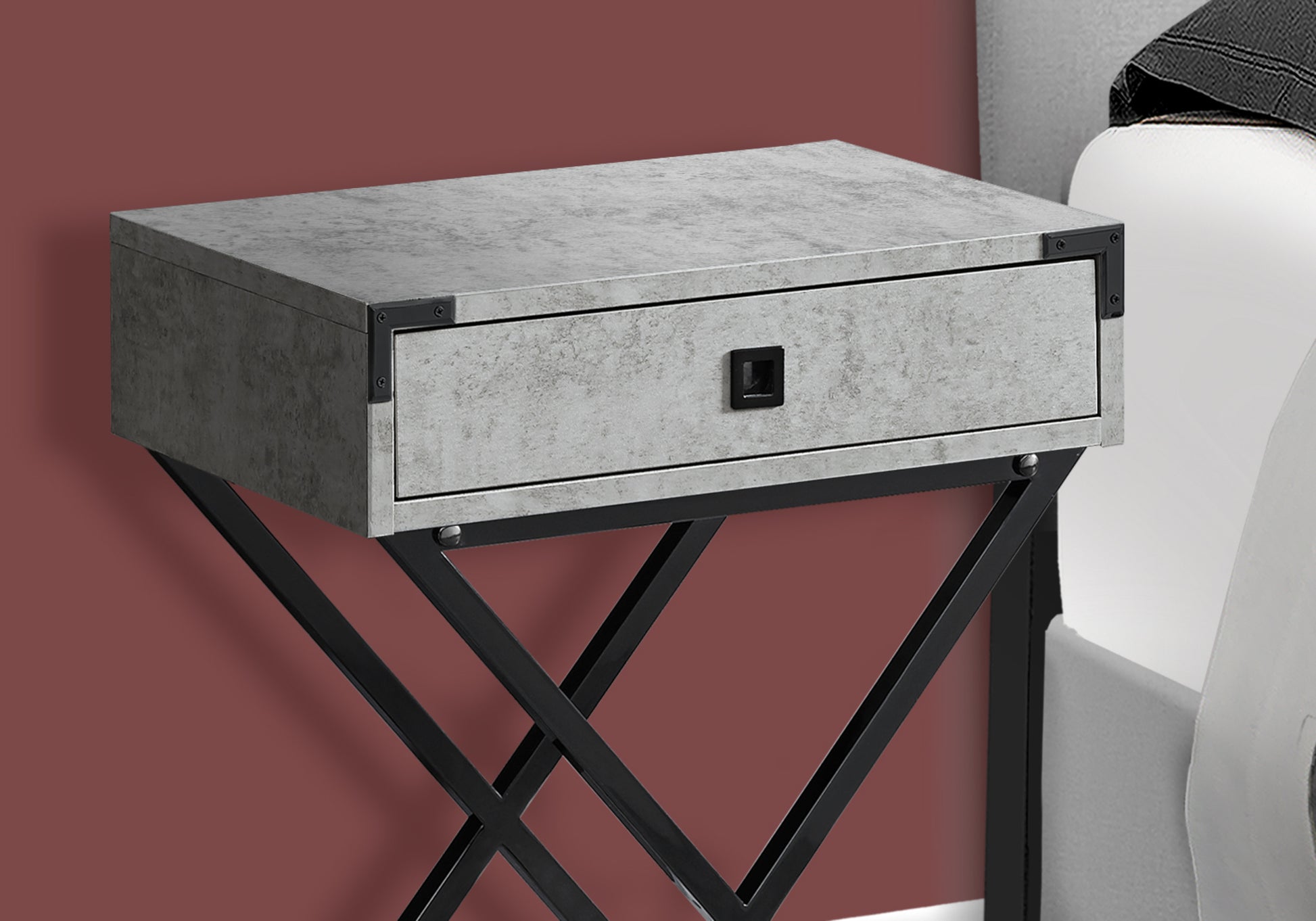 Gray concretelook nightstand with black metal legs and one drawer