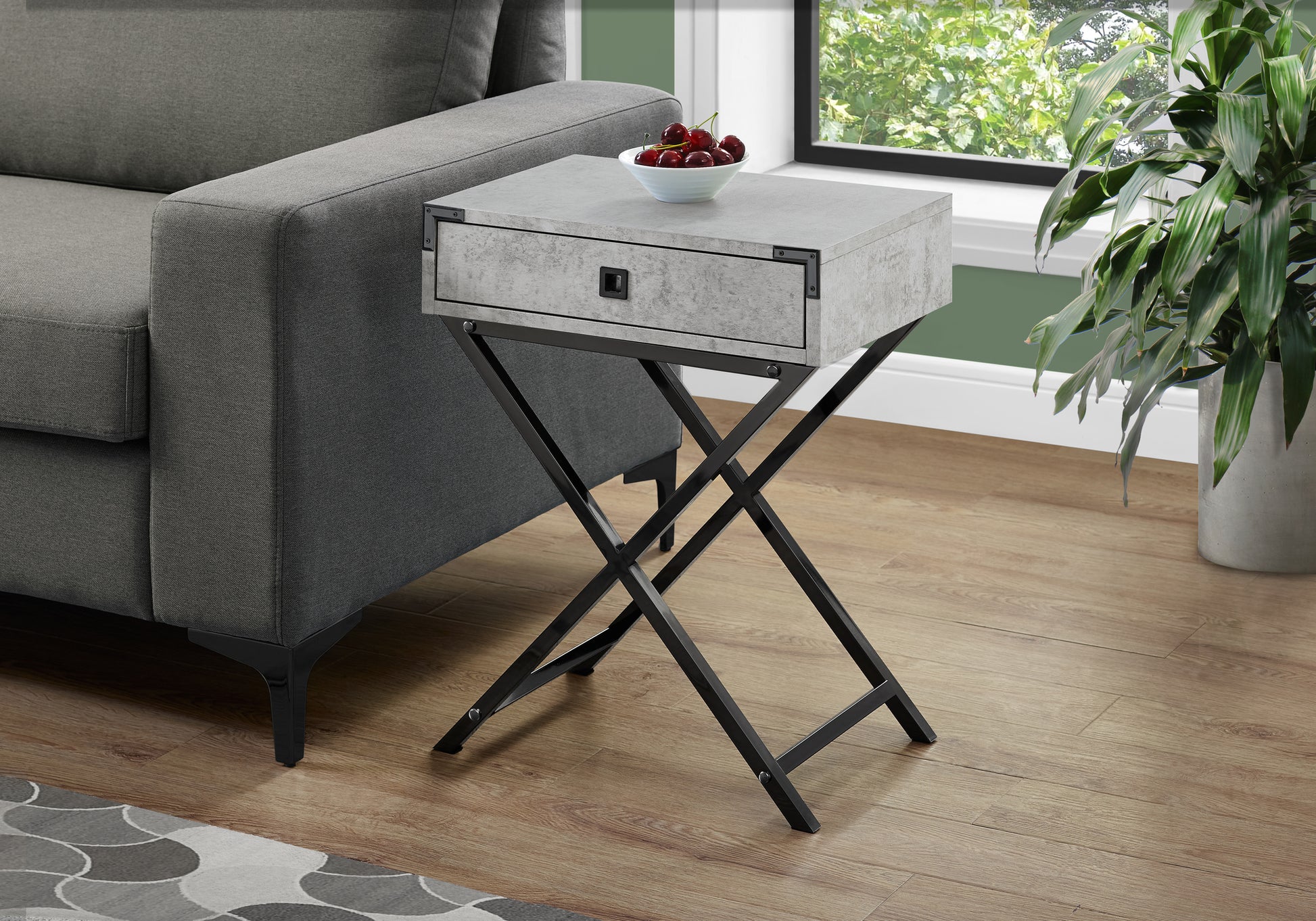 Concrete finish end table with black metal Xframe base