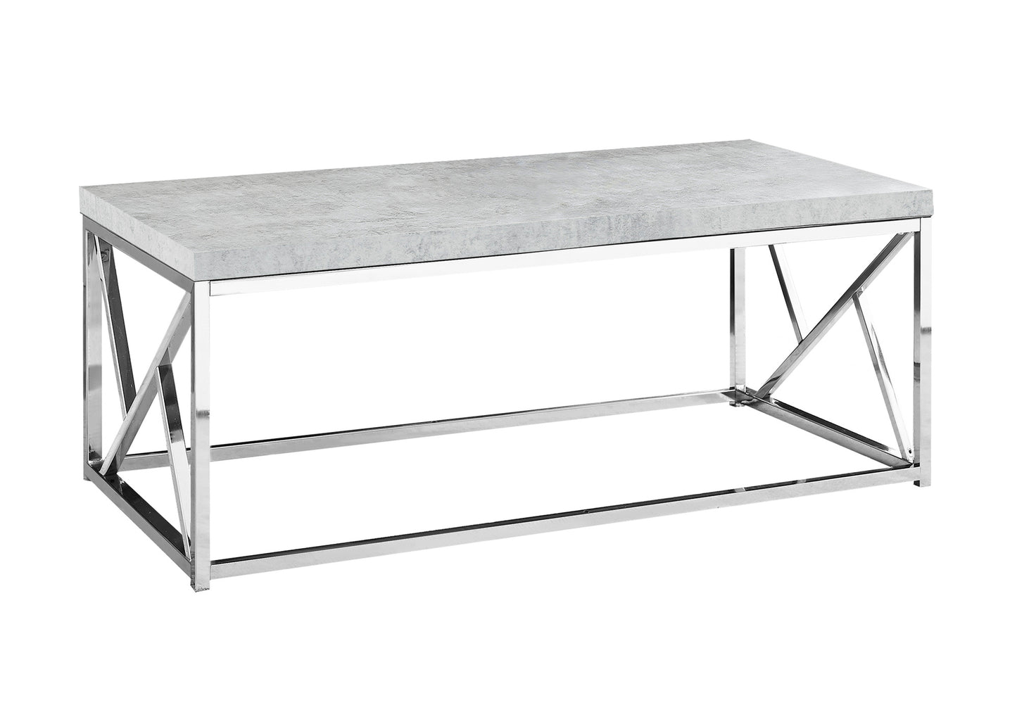 Rectangular concrete coffee table with chrome geometric legs