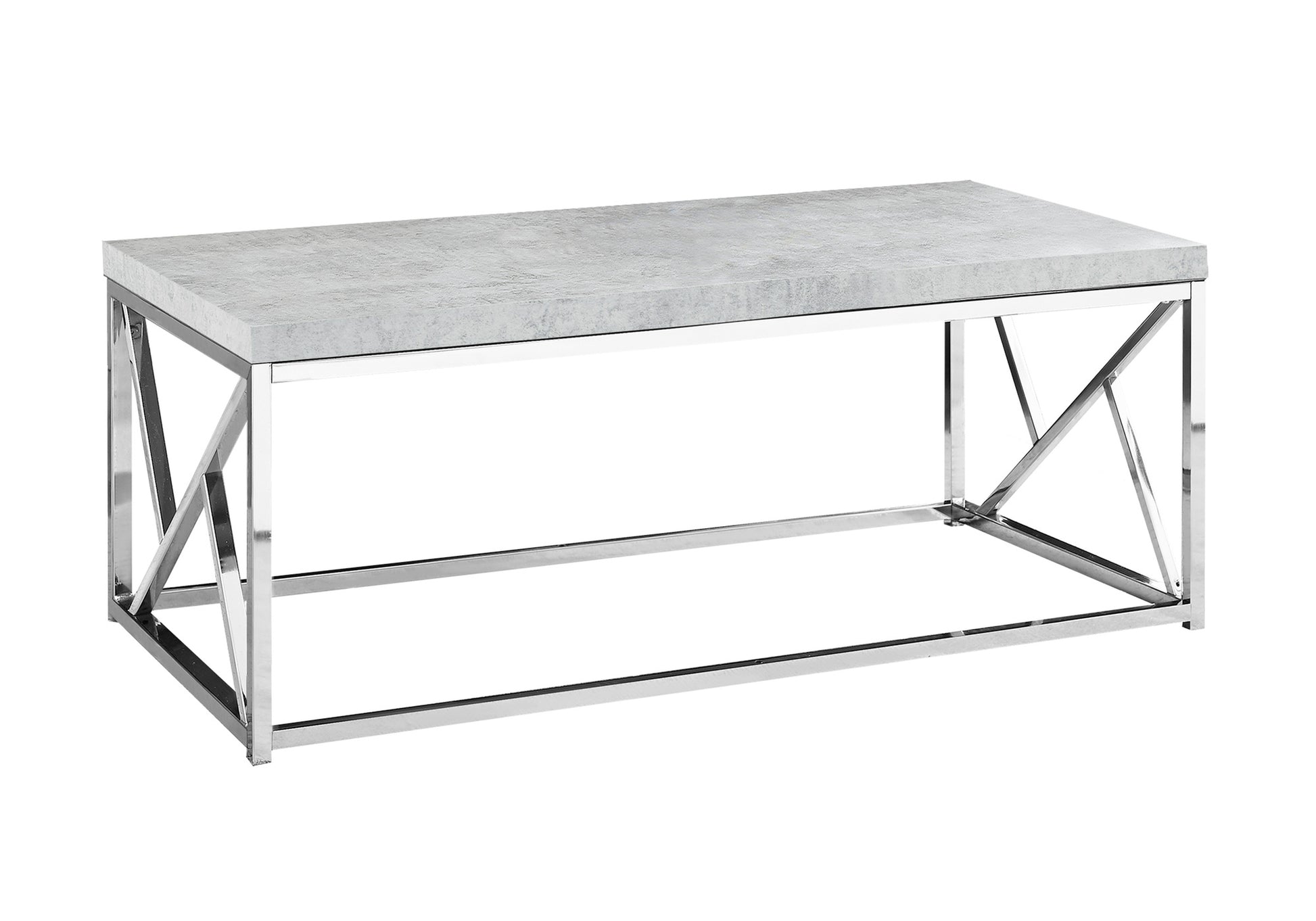 Rectangular concrete coffee table with chrome geometric legs
