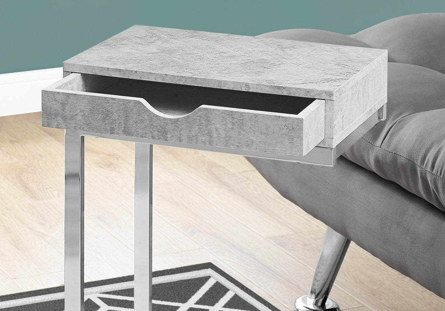 Gray concrete finish accent table with open drawer and chrome legs