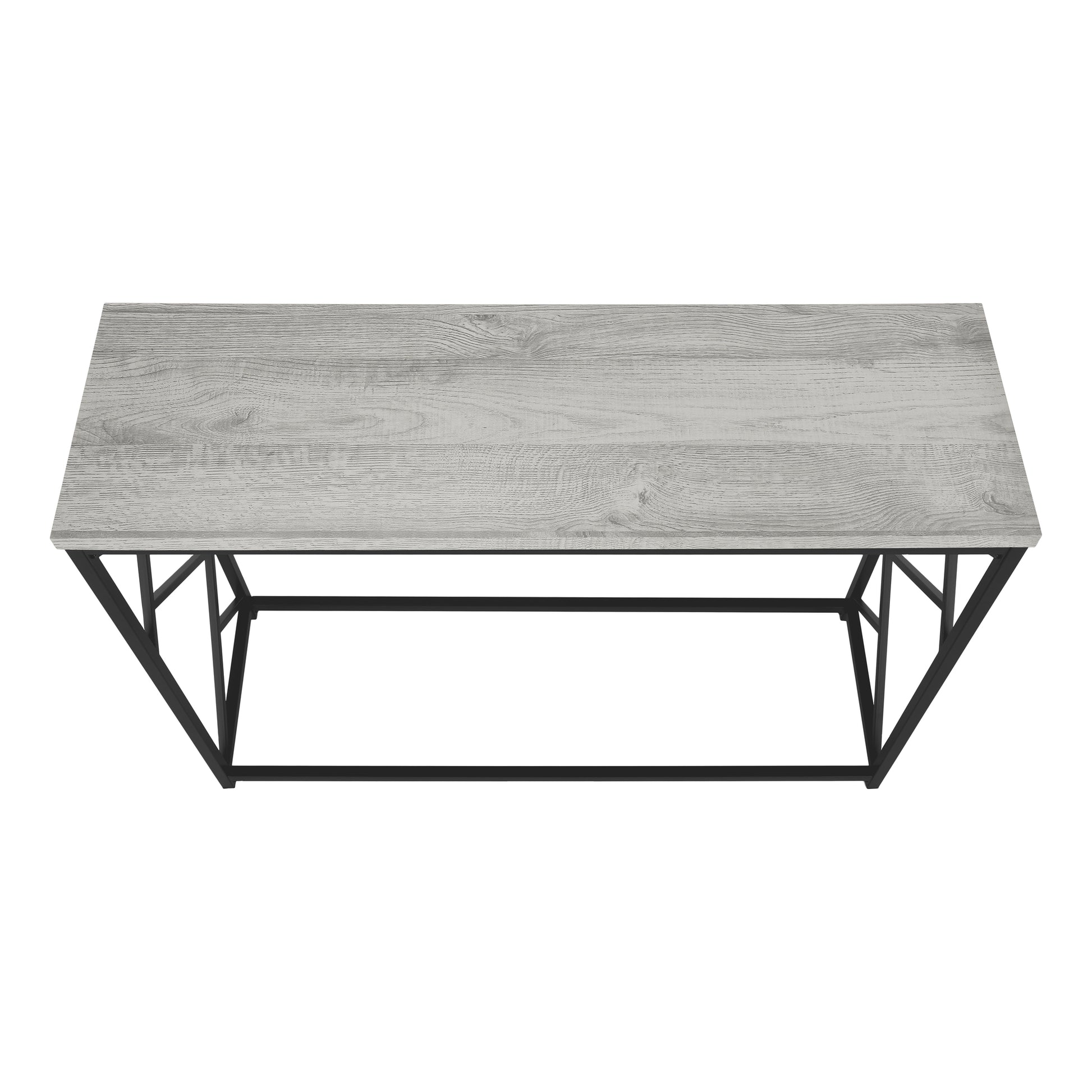 Modern rectangular coffee table with a grey woodlook top and black metal legs