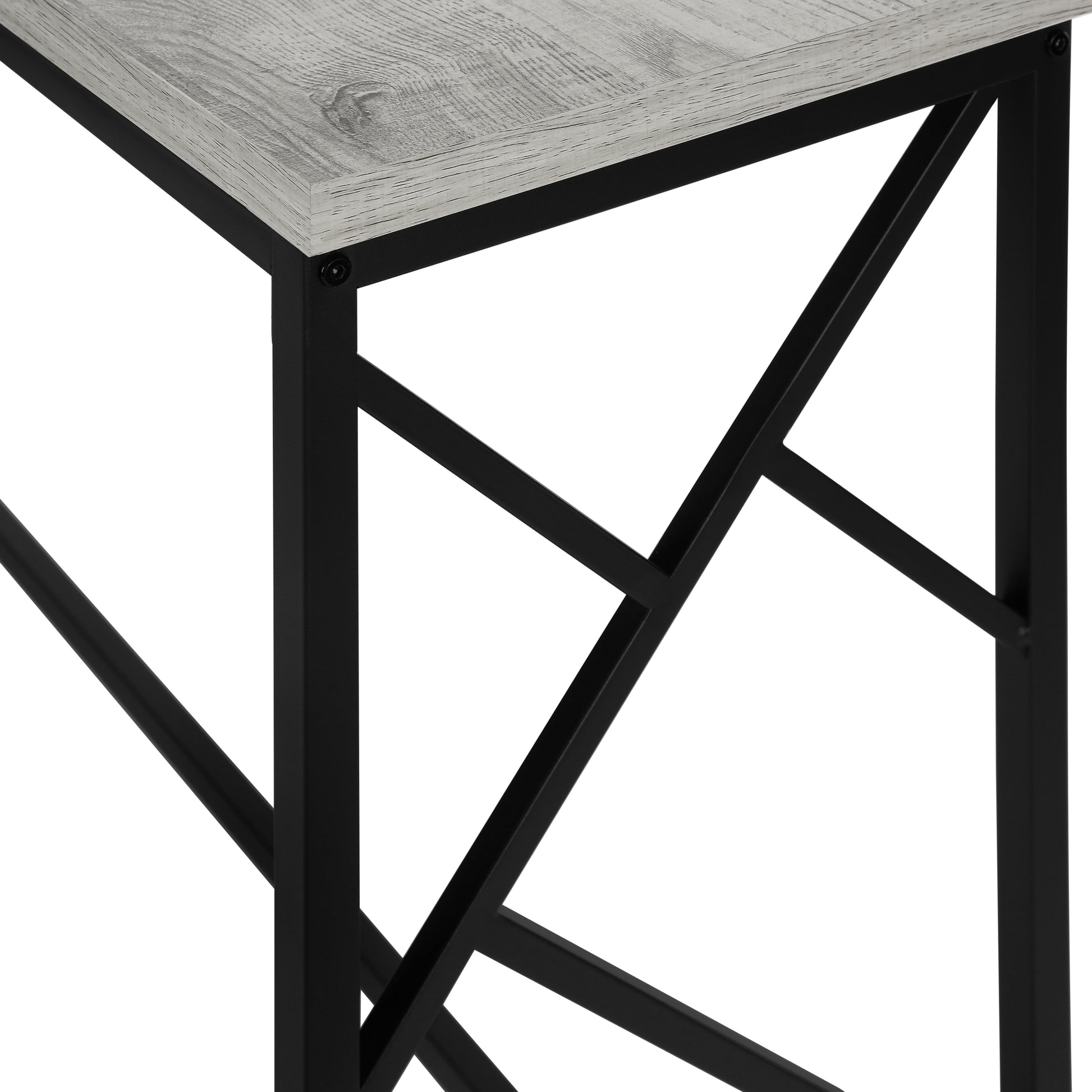 Rustic gray wood grain tabletop with black metal frame perfect for a console table