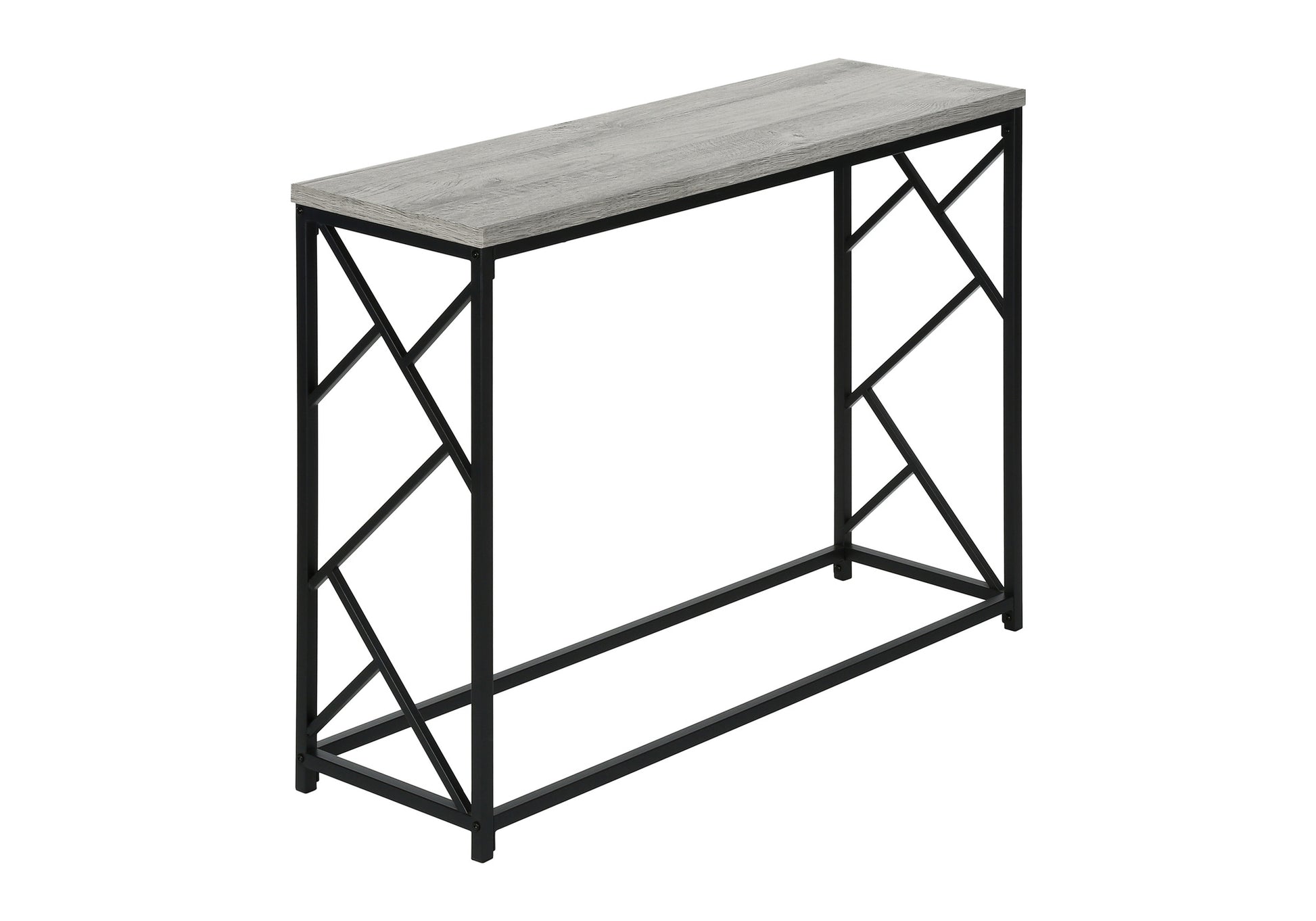 Grey wood grain top metal frame console table with geometric side accents