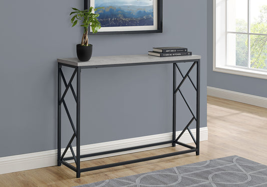 Gray wood top console table with geometric black metal frame  wide