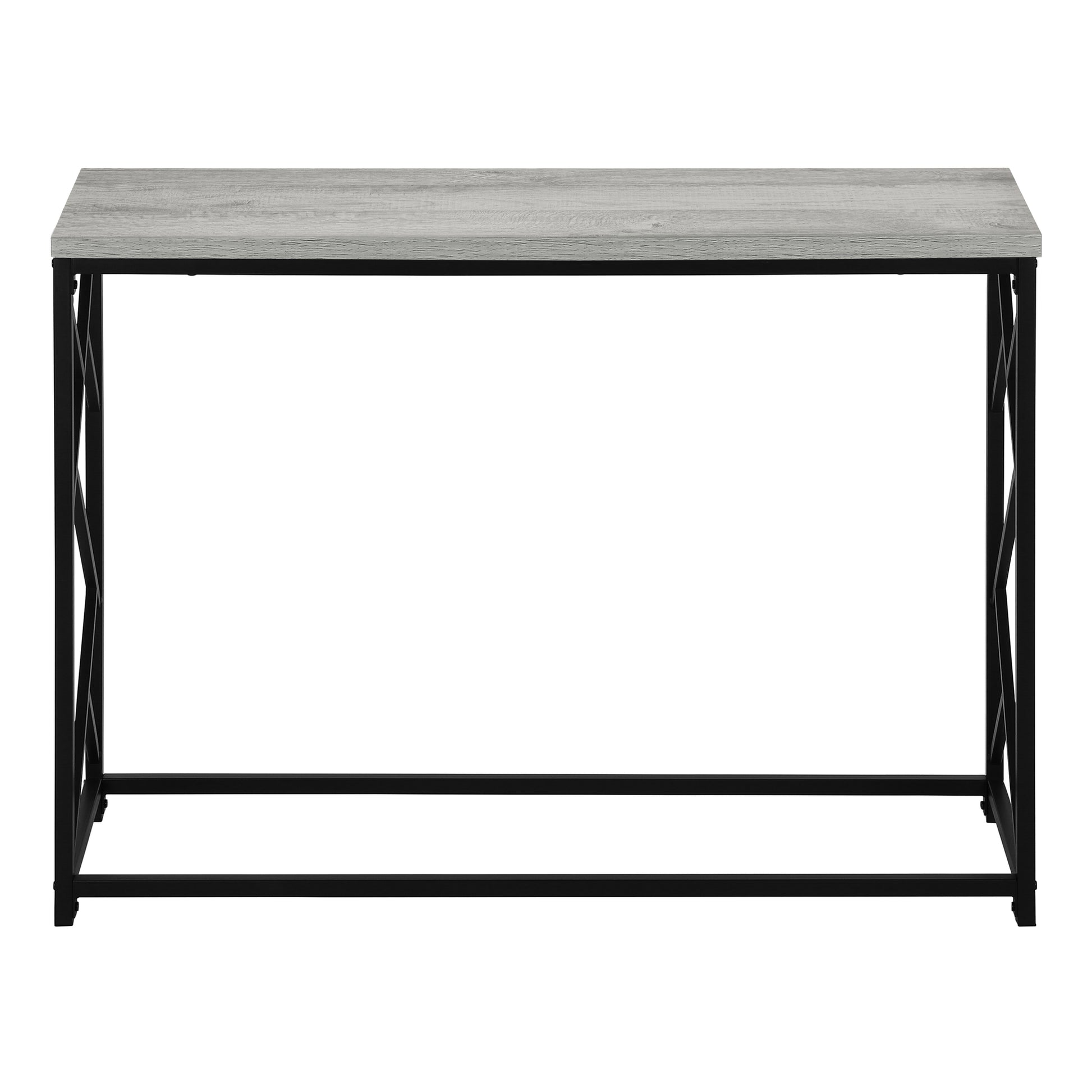 Grey wood console table with black metal frame and crisscross accents