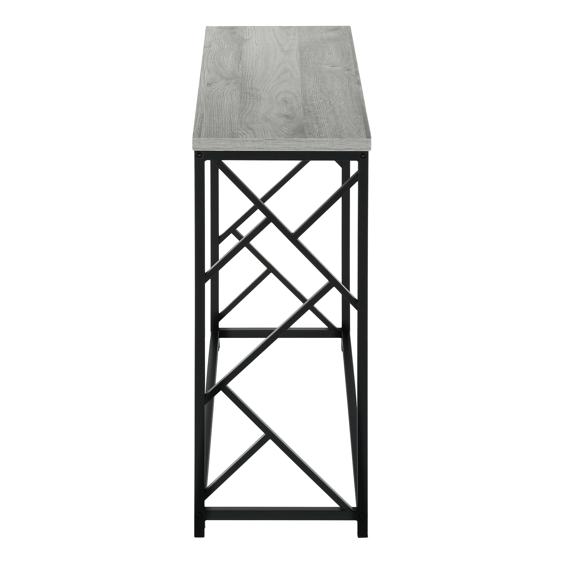 Gray wood grain top console table with black geometric metal frame