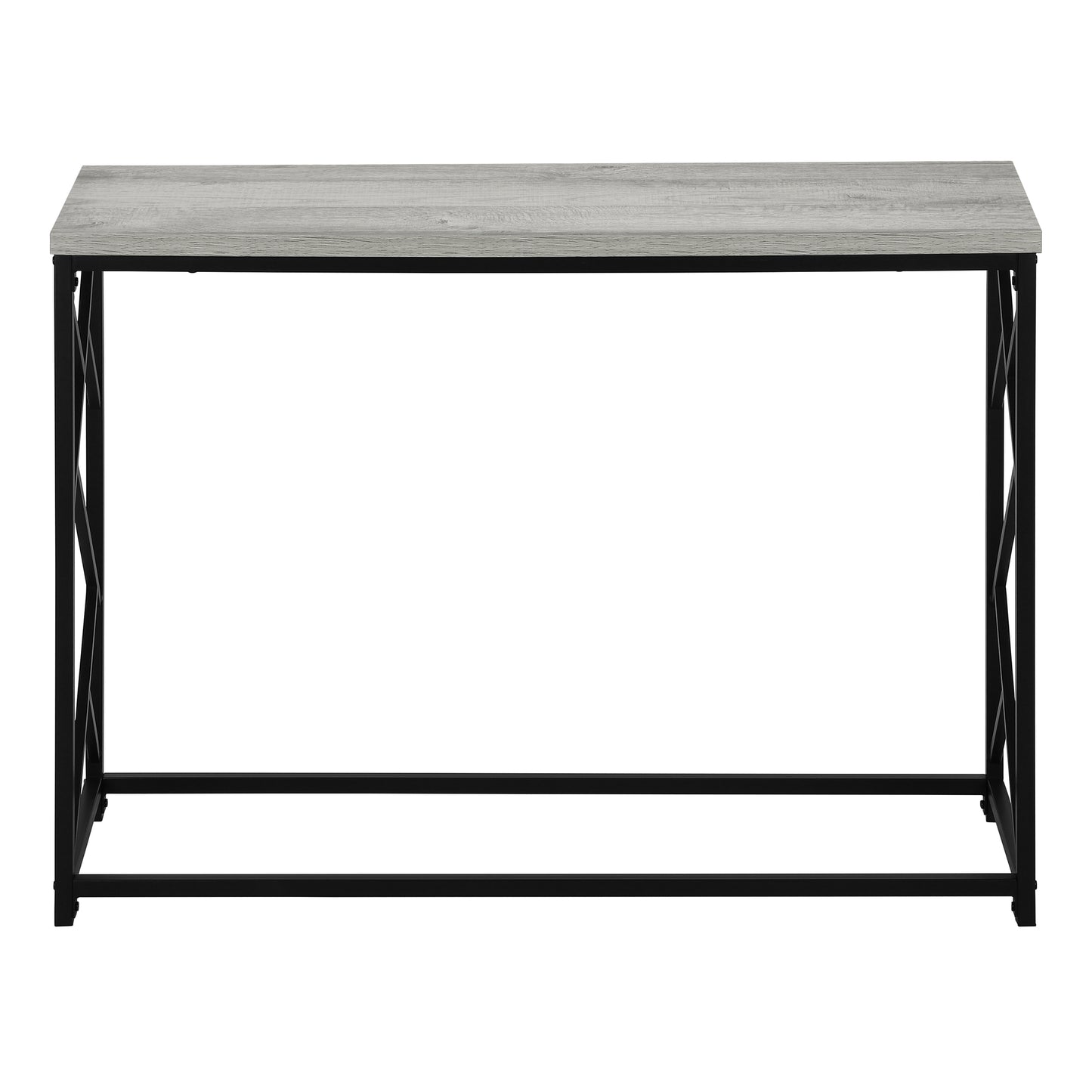 Gray wood top console table with black metal frame and crisscross sides  inches