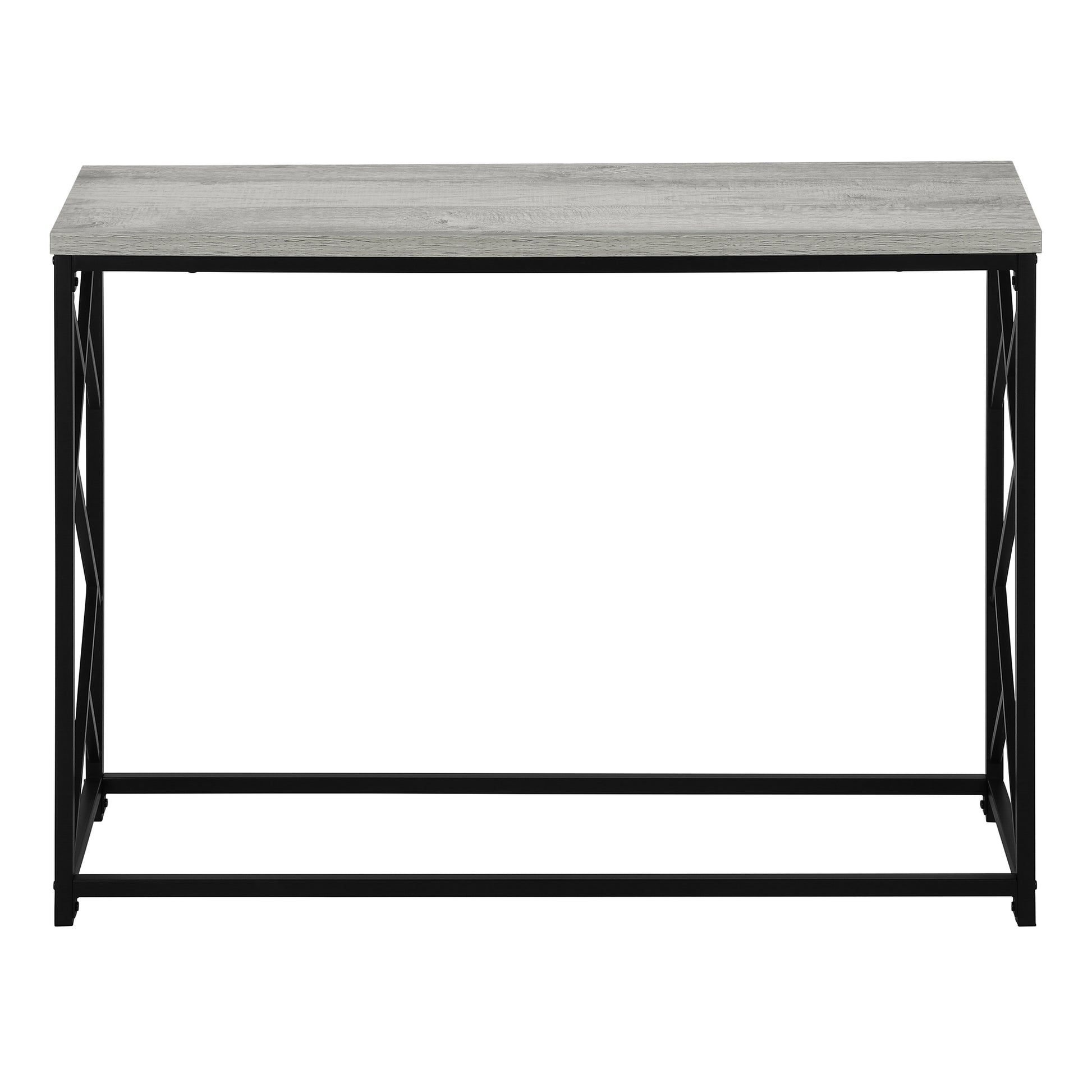 Gray wood top console table with black metal frame and crisscross sides  inches