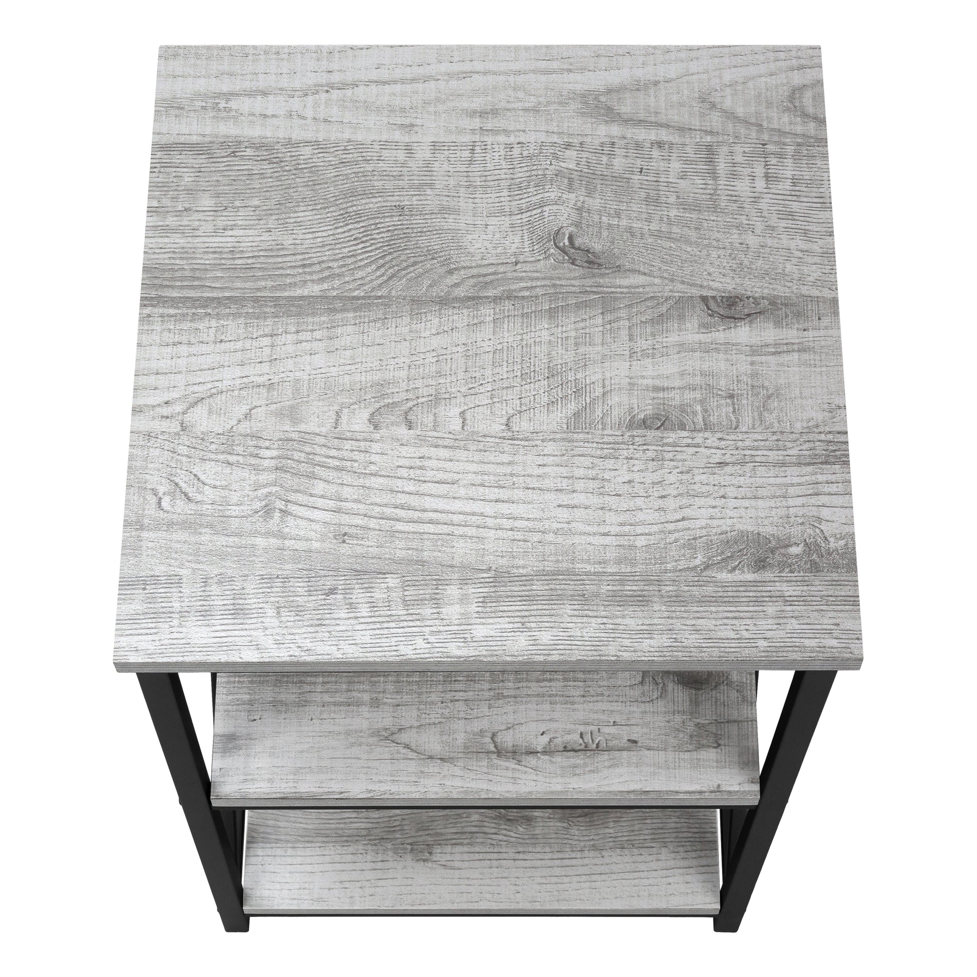 Light gray wood grain bedside table with two shelves
