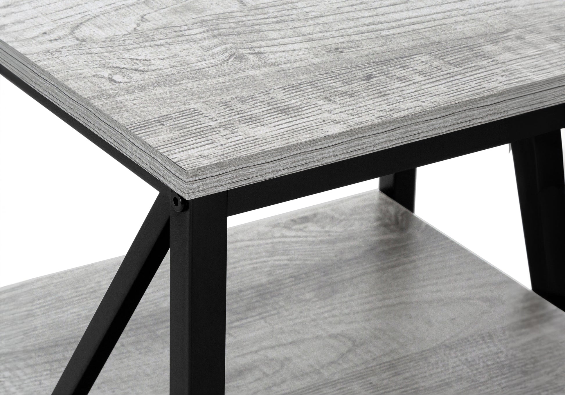 Rustic gray wood grain laminate top with black metal frame accent table