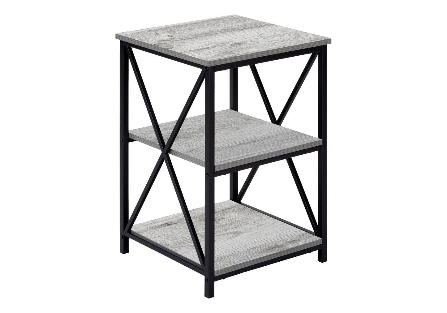 Rustic grey wood threetier end table with black metal frame perfect for small spaces