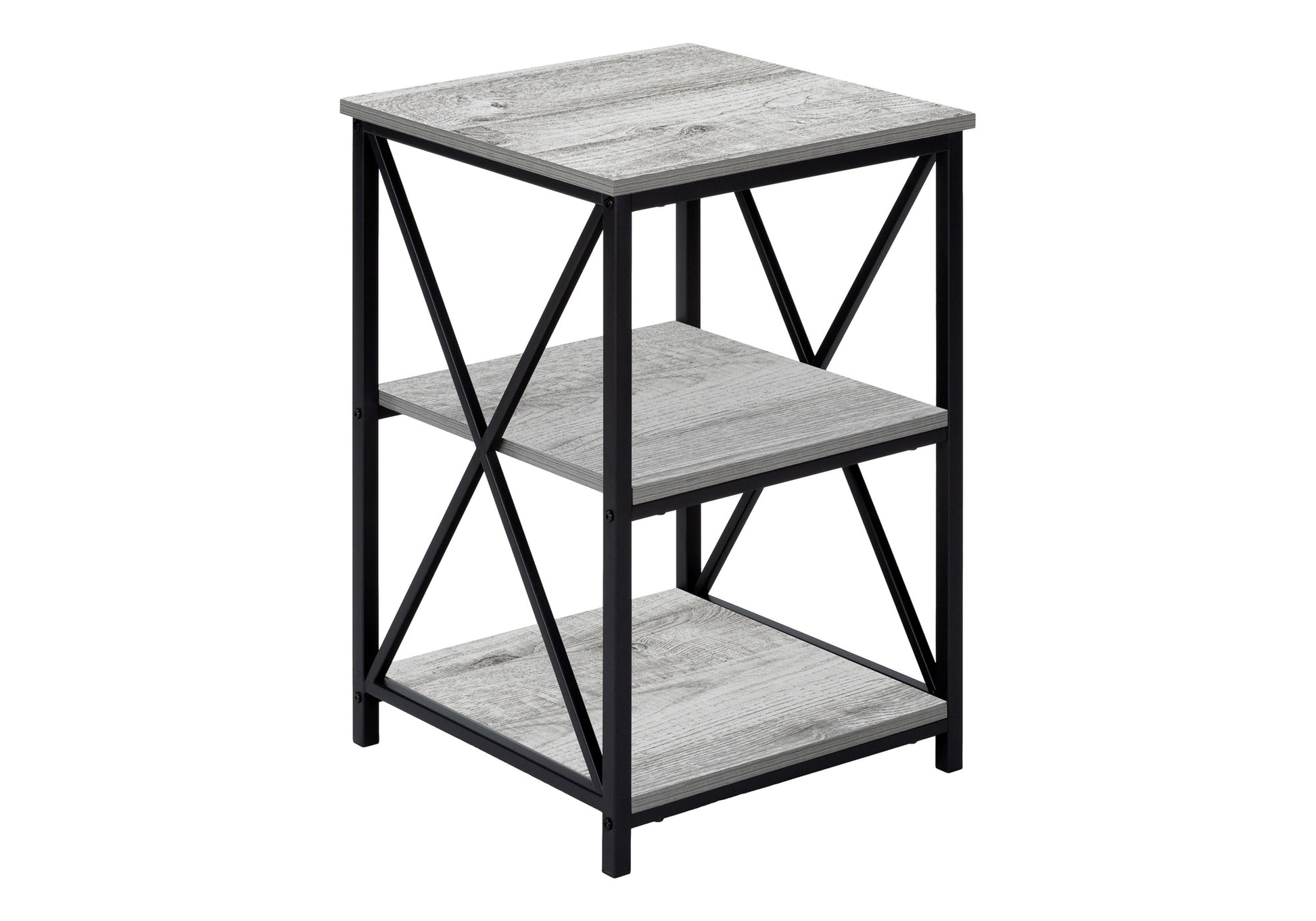 Rustic grey wood threetier end table with black metal frame perfect for small spaces
