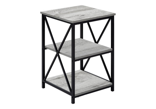 Rustic grey wood threetier end table with black metal frame perfect for small spaces