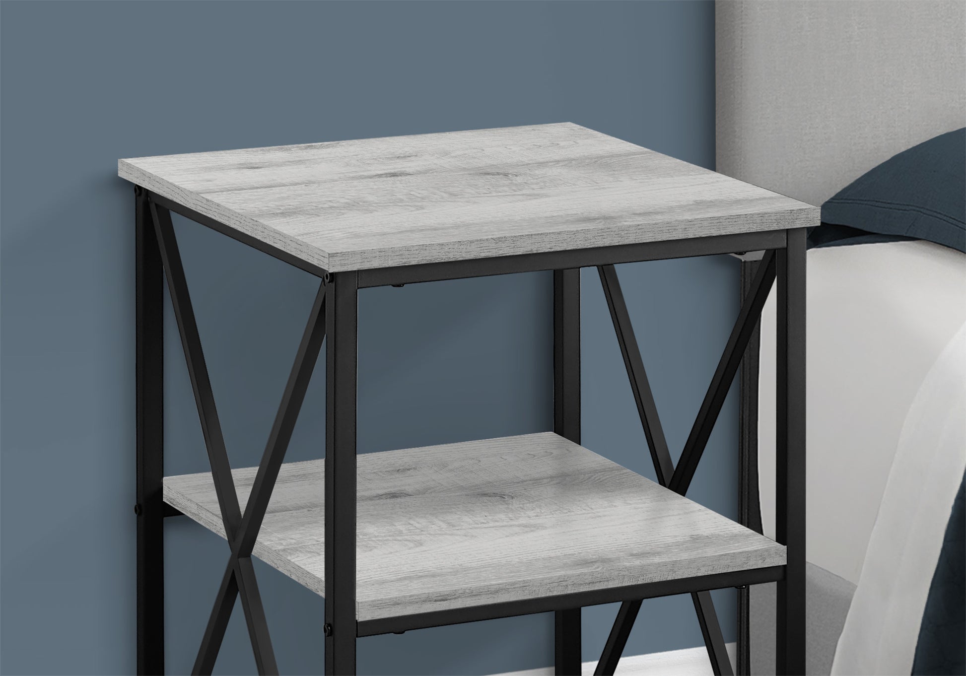 Gray wood grain twotier end table with black metal frame and Xcross supports