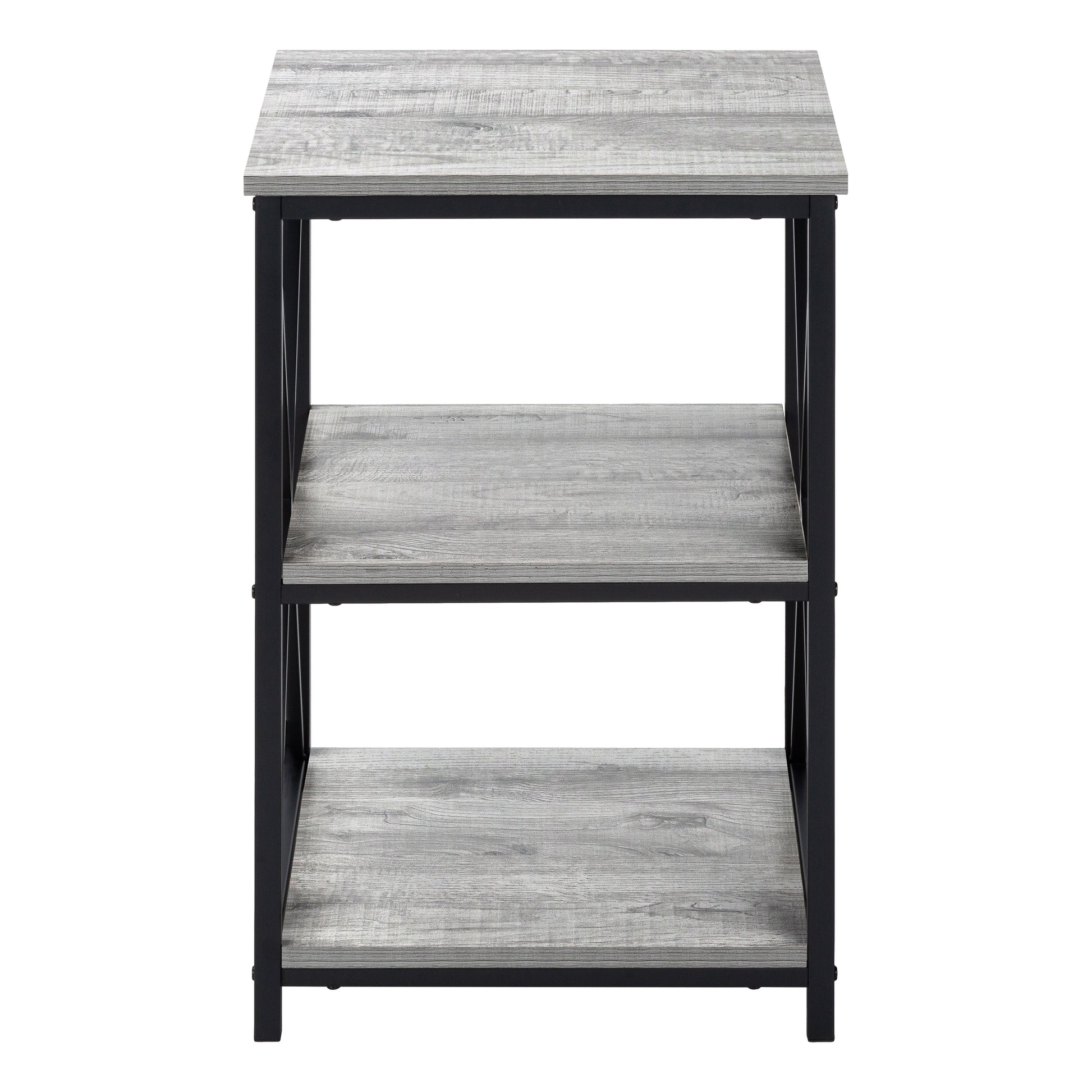Rustic grey wood and black metal shelf accent table for living rooms