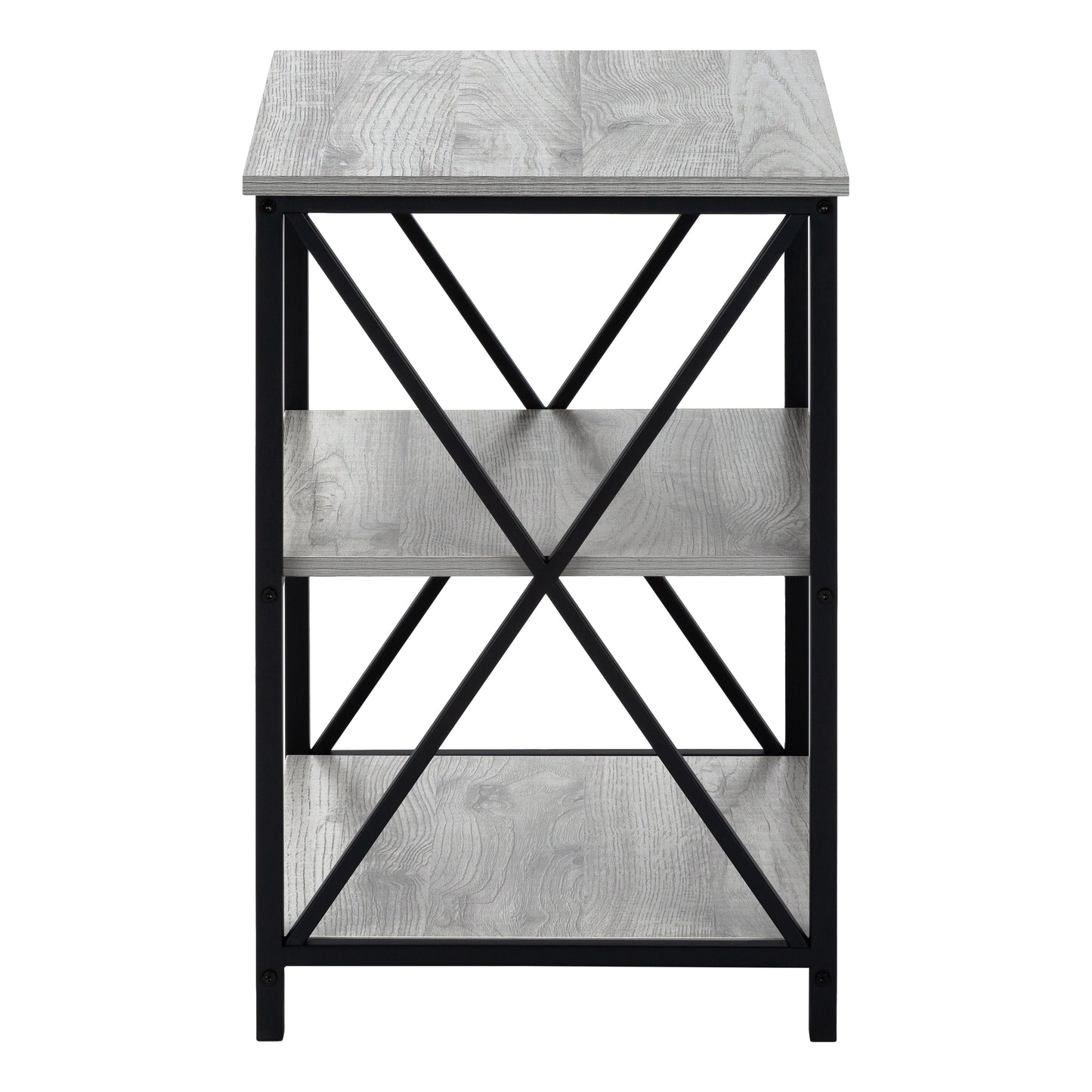Gray wood grain industrial side table with black metal frame and  shelves
