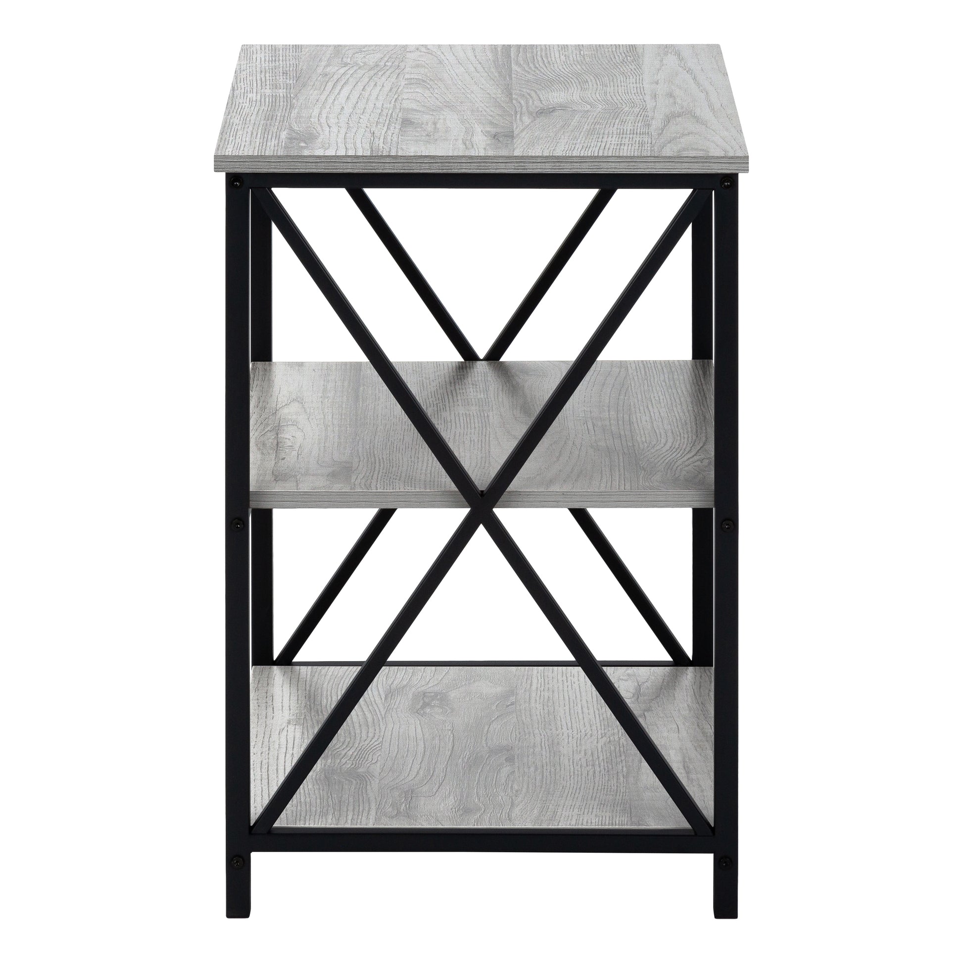 Gray wood grain industrial side table with black metal frame and  shelves