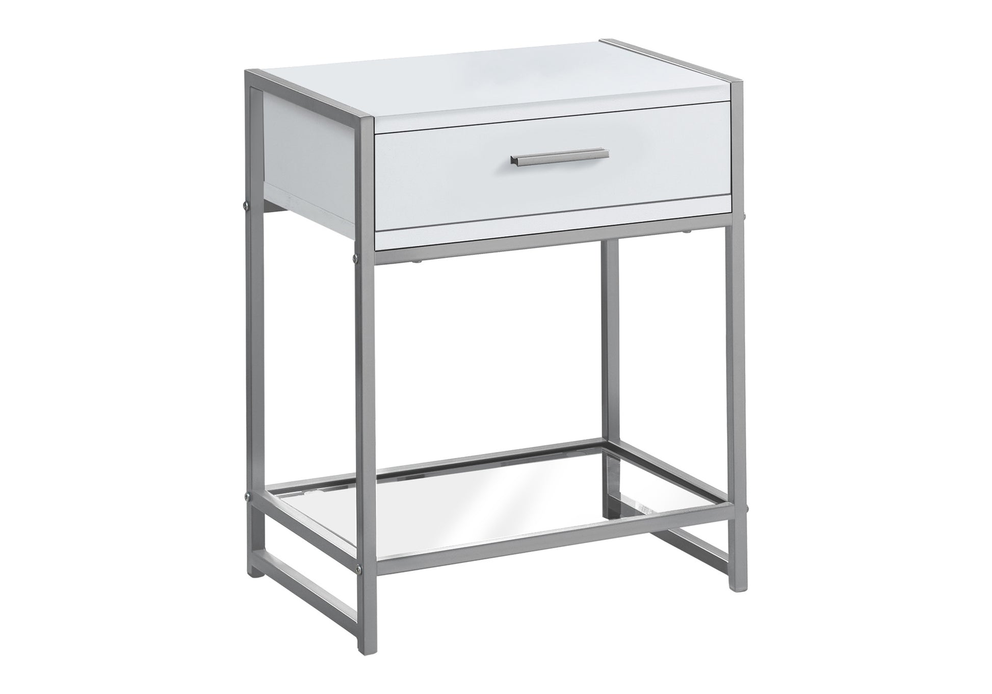 Sleek white and chrome accent table with a single drawer and mirrored bottom shelf
