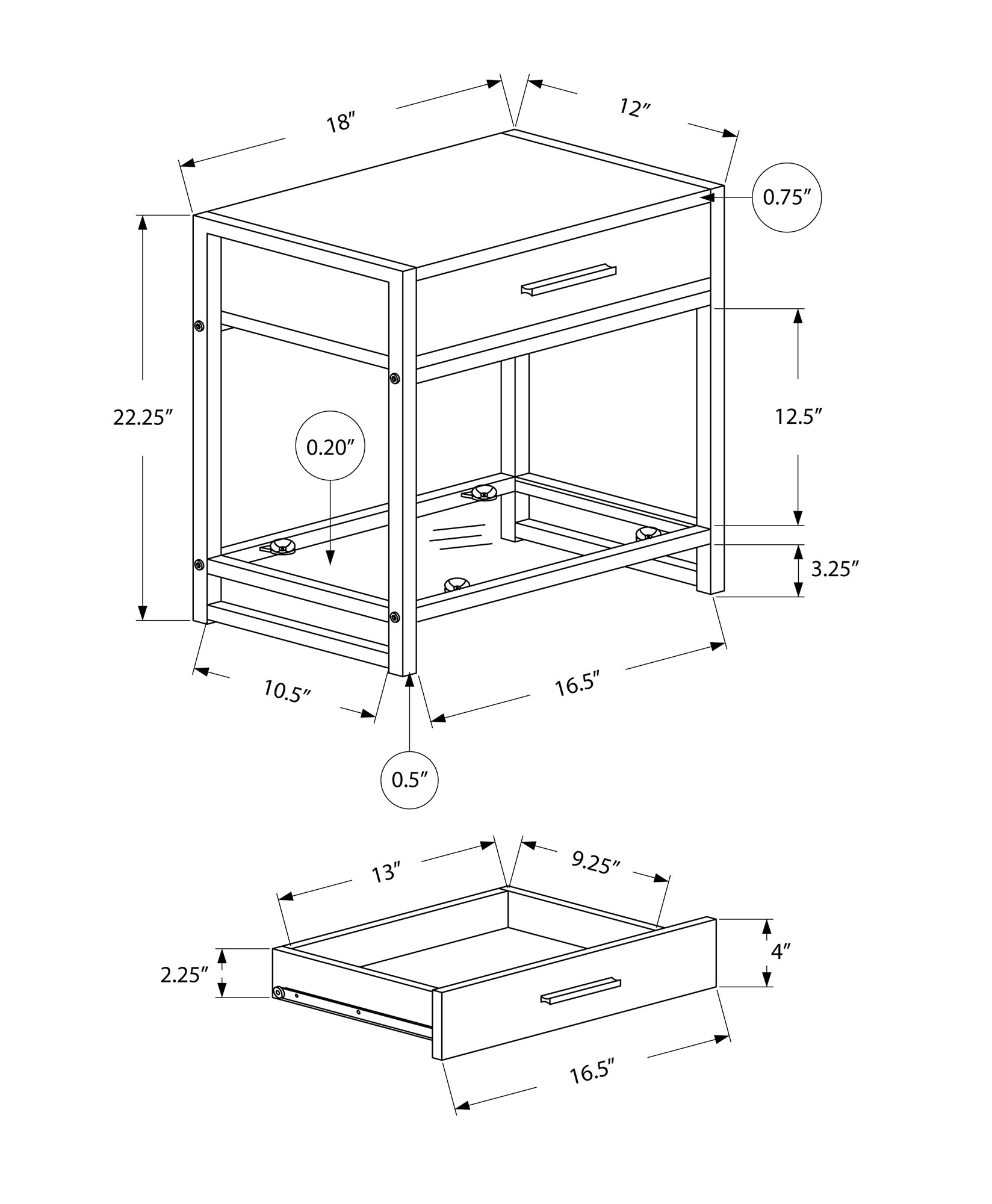 Technical drawing of a narrow end table with drawer and dimensions