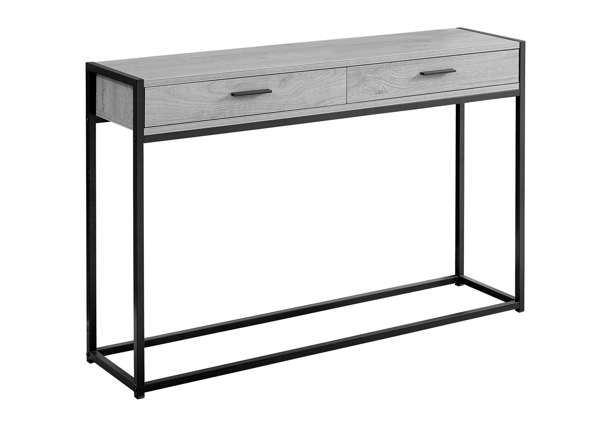 Narrow gray wood console table with two drawers and black metal frame