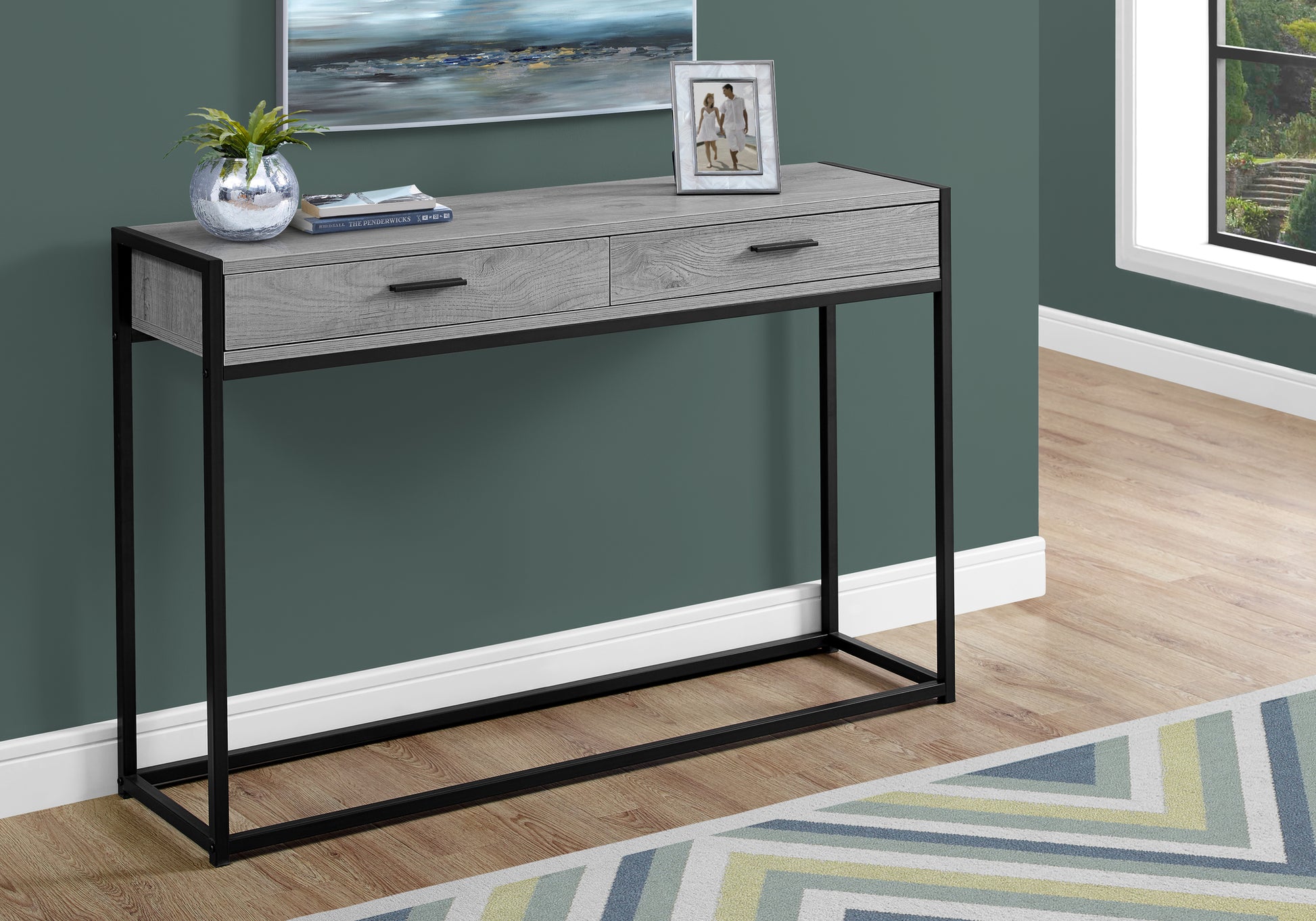 Modern gray wood grain console table with two drawers and black metal frame