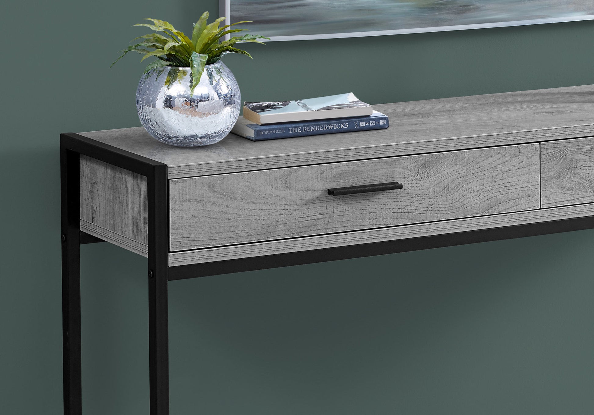 Grey wood console table with black metal frame and one drawer